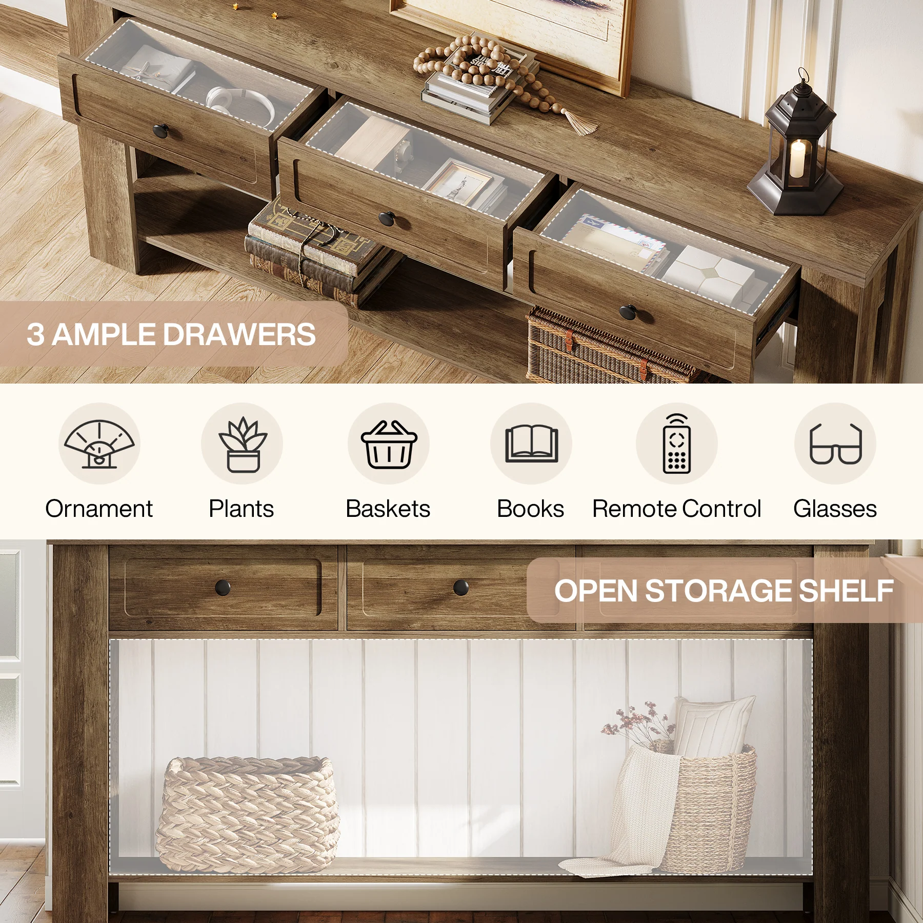 70.9" Extra-Long Console Table with 3 Drawers, Narrow Farmhouse Entryway Sofa Table with Shelf for Hallway or Behind Couch - Image 7