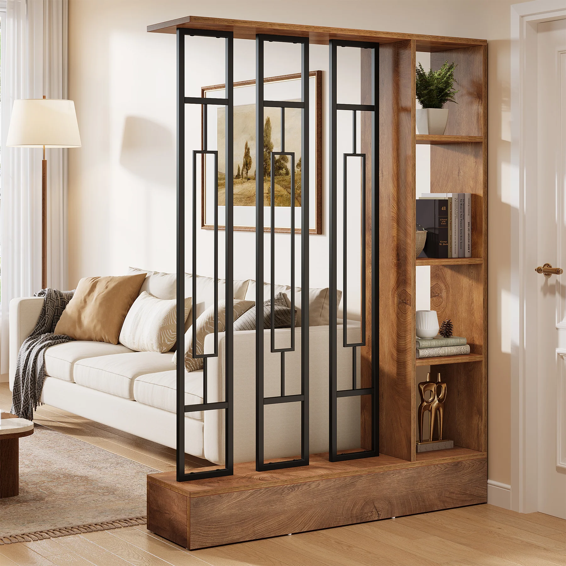 70.9" Wall Room Divider, Freestanding Wall Partition with Display Shelves