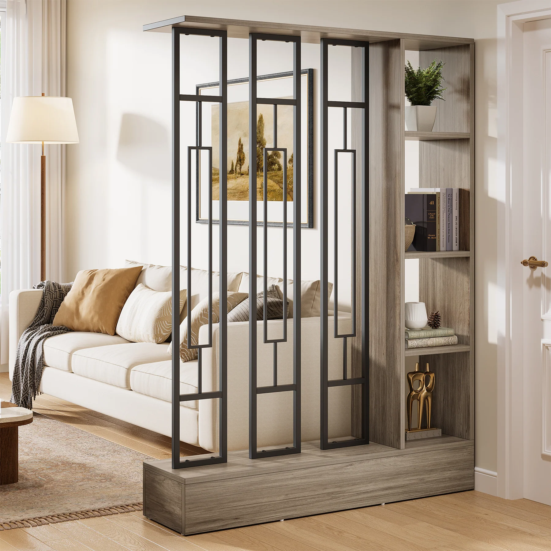 70.9" Wall Room Divider, Freestanding Wall Partition with Display Shelves - Image 11
