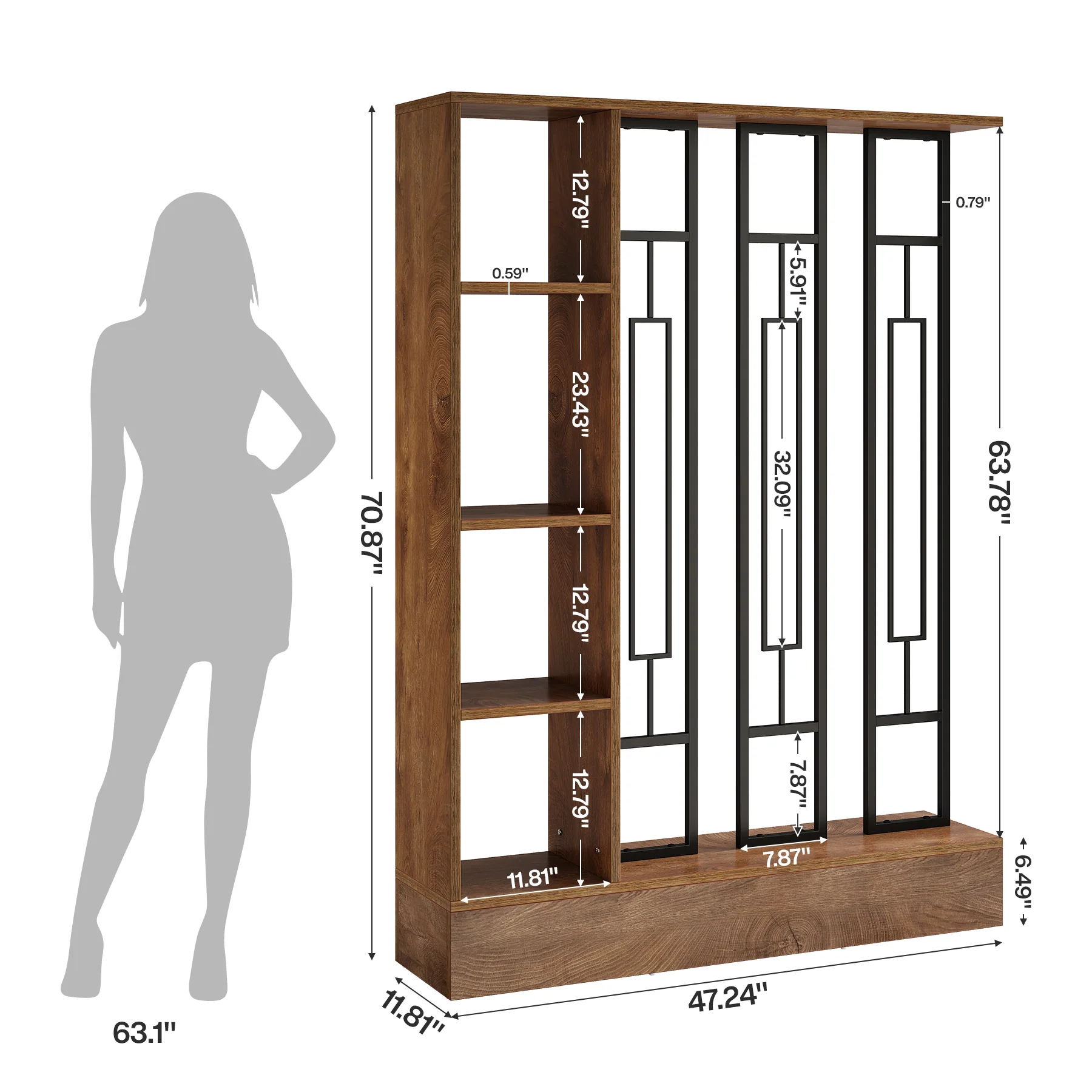 70.9" Wall Room Divider, Freestanding Wall Partition with Display Shelves - Image 2