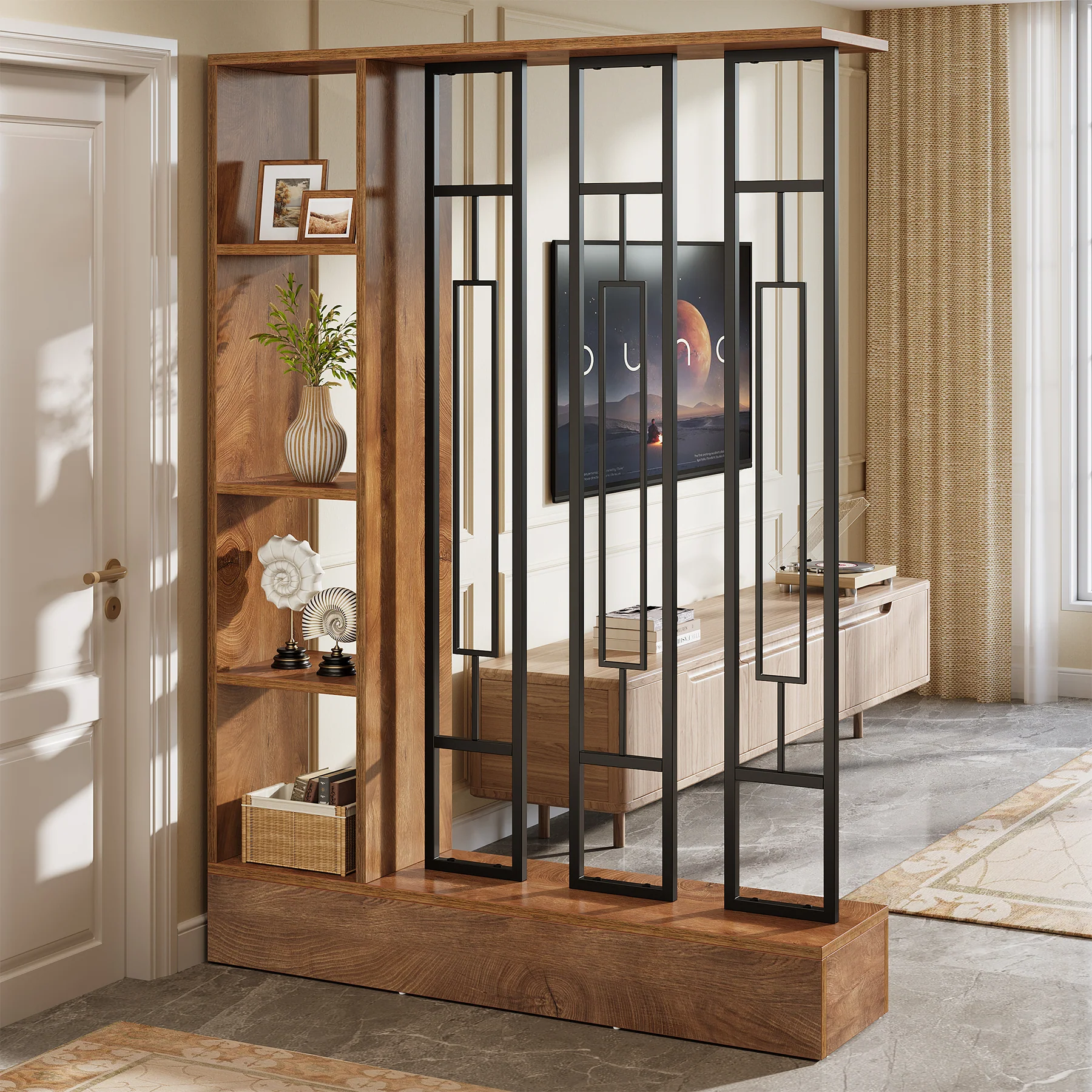 70.9" Wall Room Divider, Freestanding Wall Partition with Display Shelves - Image 3