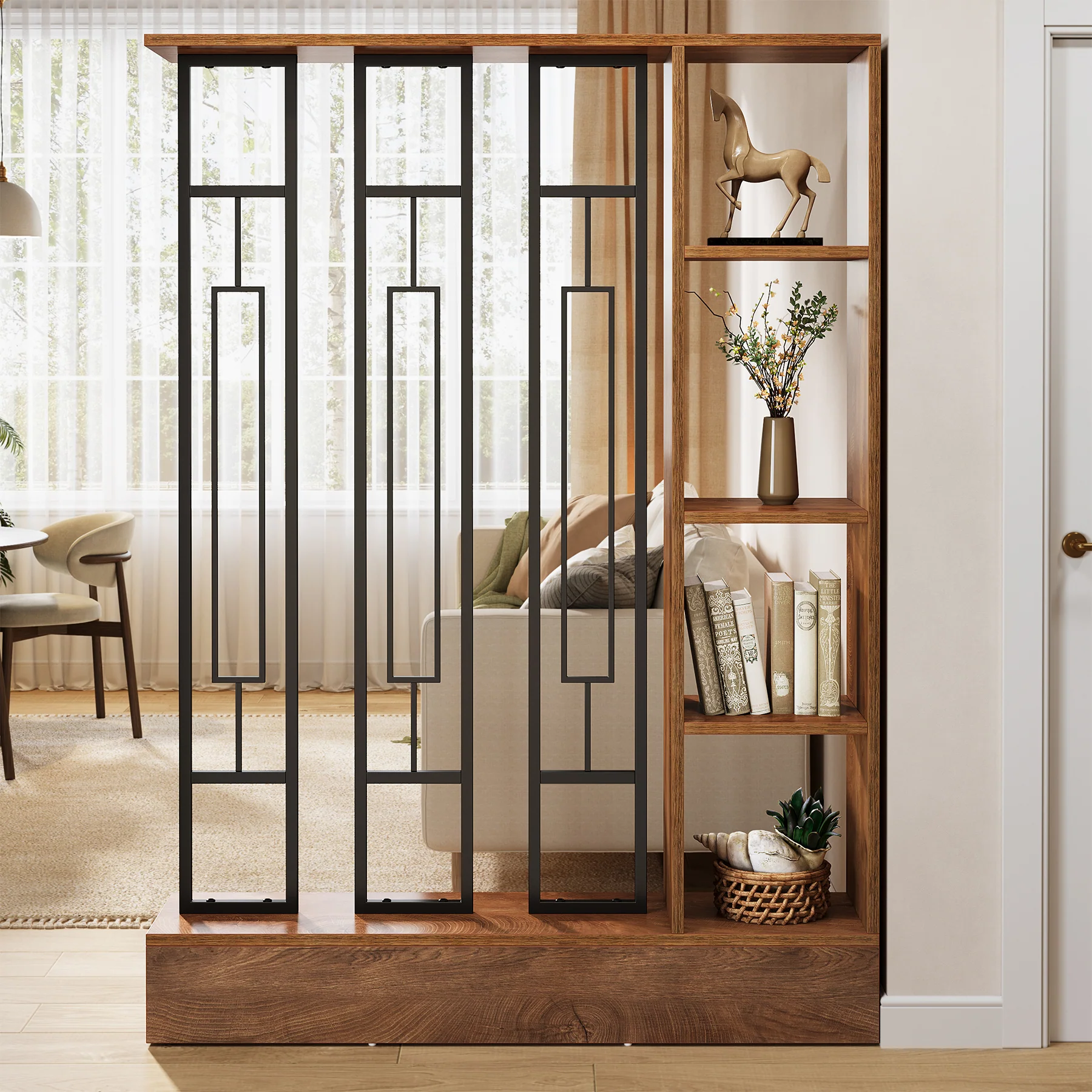 70.9" Wall Room Divider, Freestanding Wall Partition with Display Shelves - Image 4