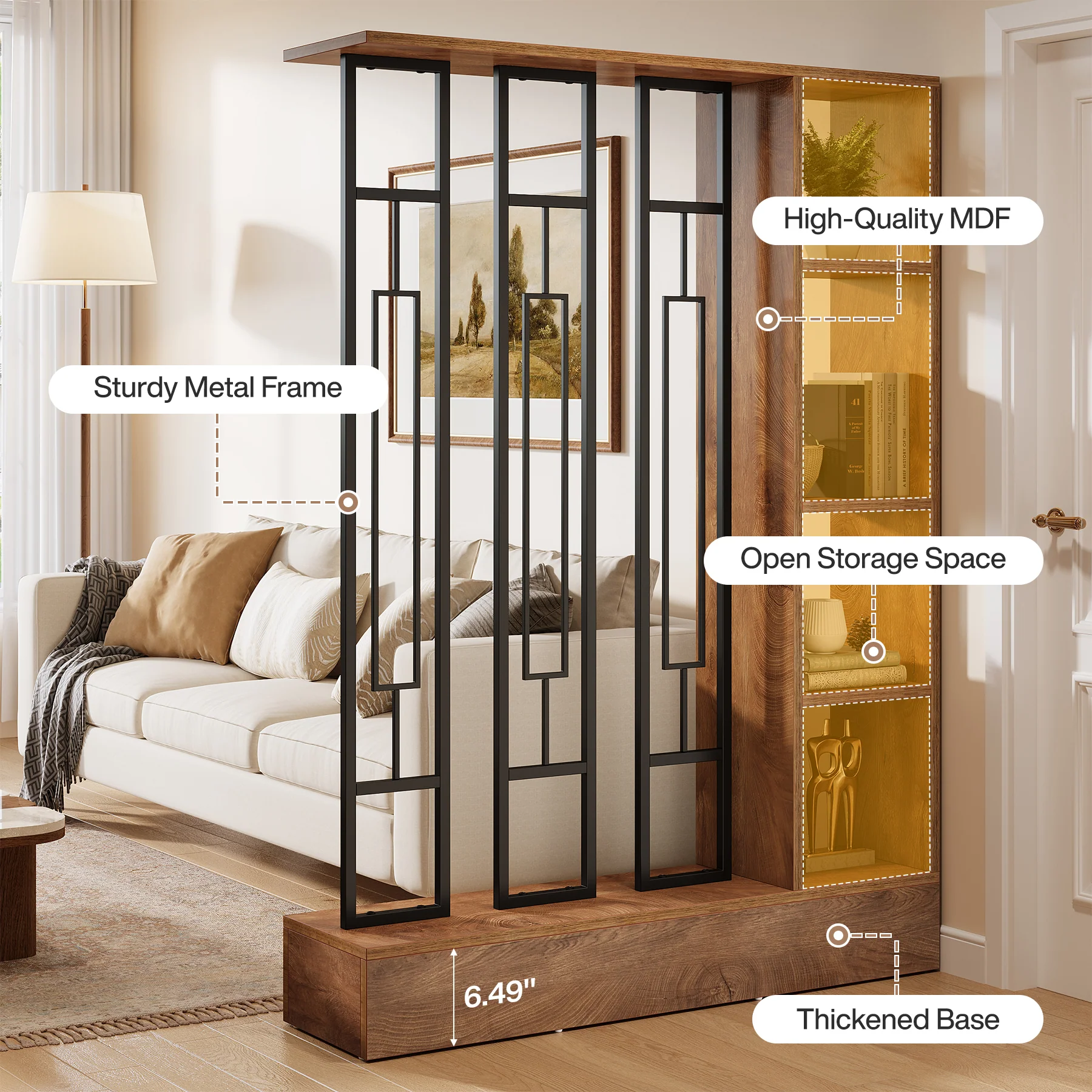 70.9" Wall Room Divider, Freestanding Wall Partition with Display Shelves - Image 7
