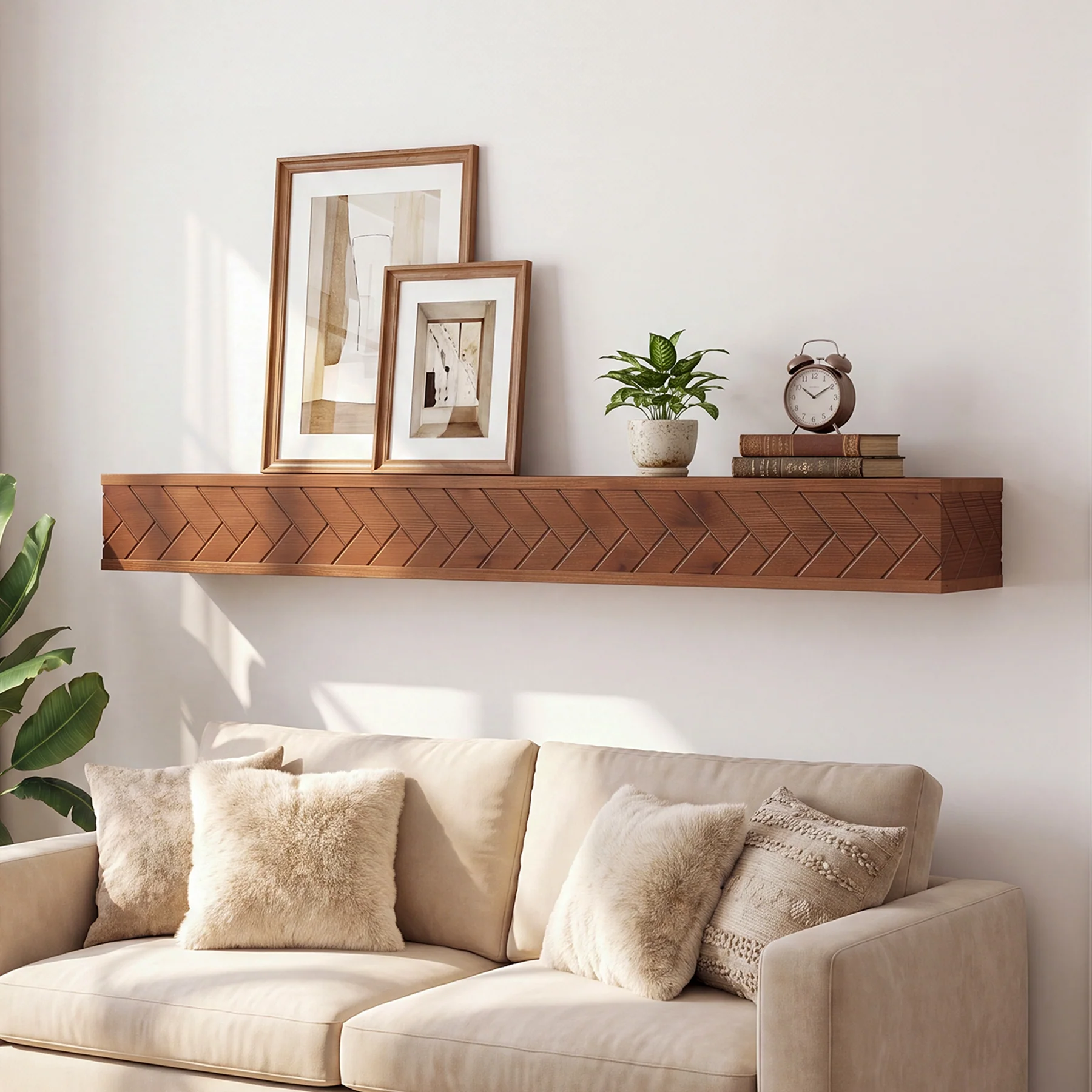 Tribesigns 70.9 Inch Solid Wood Floating Shelf, Hand-Carved Herringbone Wall Display Shelf with Hidden Bracket for Living Room