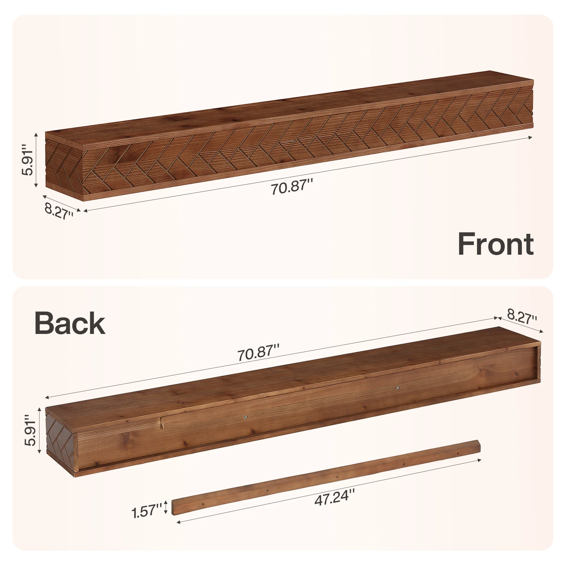 Tribesigns 70.9 Inch Solid Wood Floating Shelf, Hand-Carved Herringbone Wall Display Shelf with Hidden Bracket for Living Room - Image 2