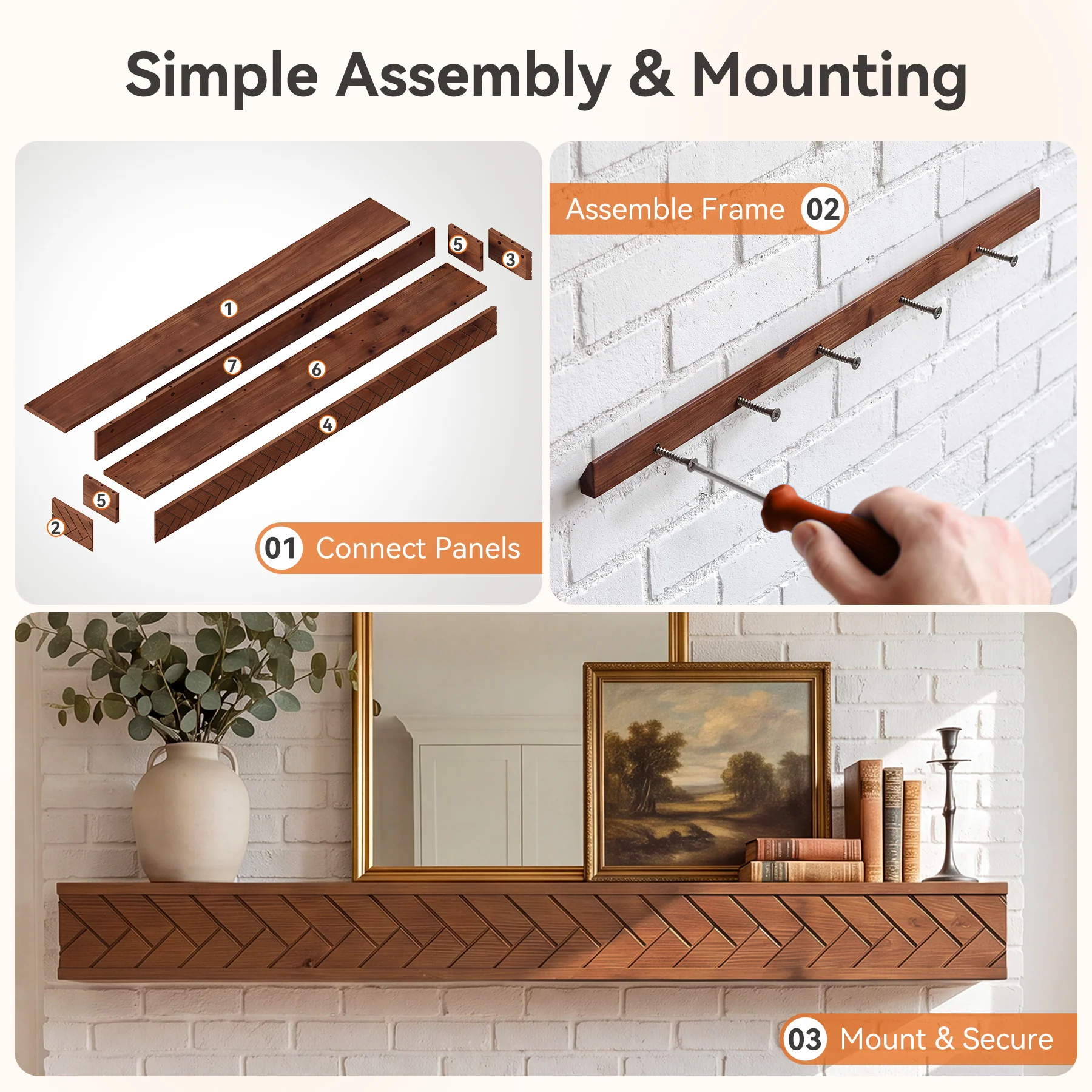 Tribesigns 70.9 Inch Solid Wood Floating Shelf, Hand-Carved Herringbone Wall Display Shelf with Hidden Bracket for Living Room - Image 4
