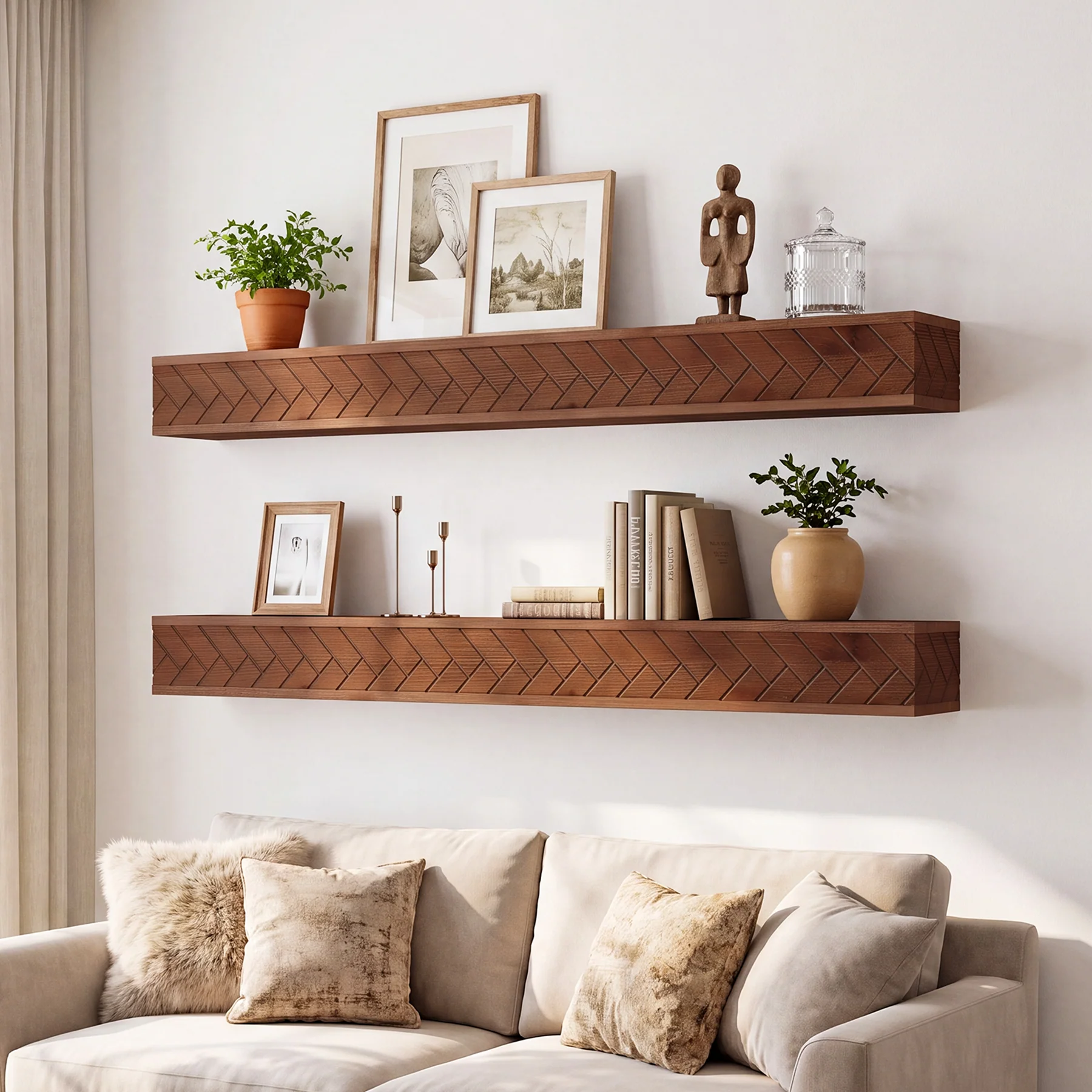 Tribesigns 70.9 Inch Solid Wood Floating Shelf, Hand-Carved Herringbone Wall Display Shelf with Hidden Bracket for Living Room - Image 7