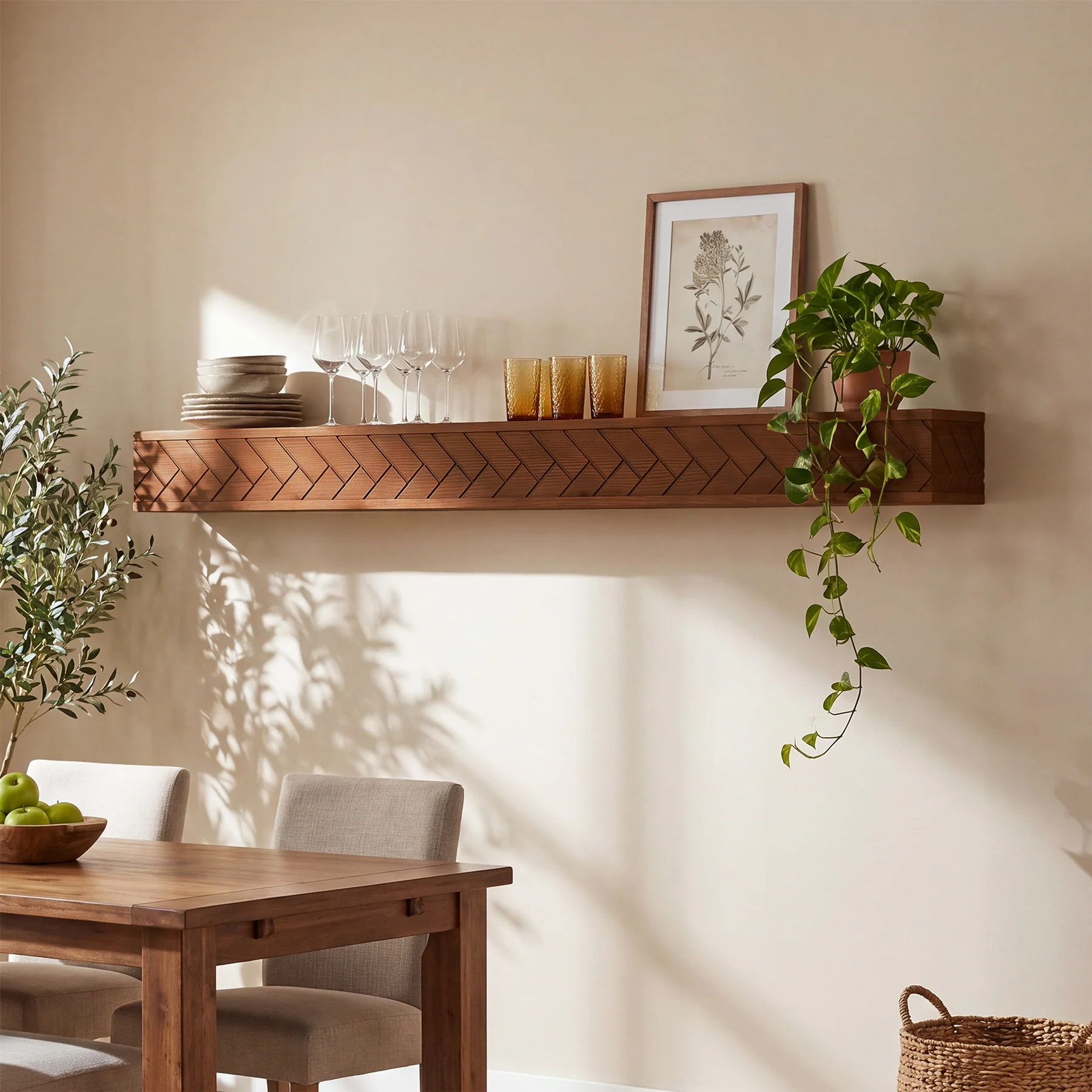 Tribesigns 70.9 Inch Solid Wood Floating Shelf, Hand-Carved Herringbone Wall Display Shelf with Hidden Bracket for Living Room - Image 9