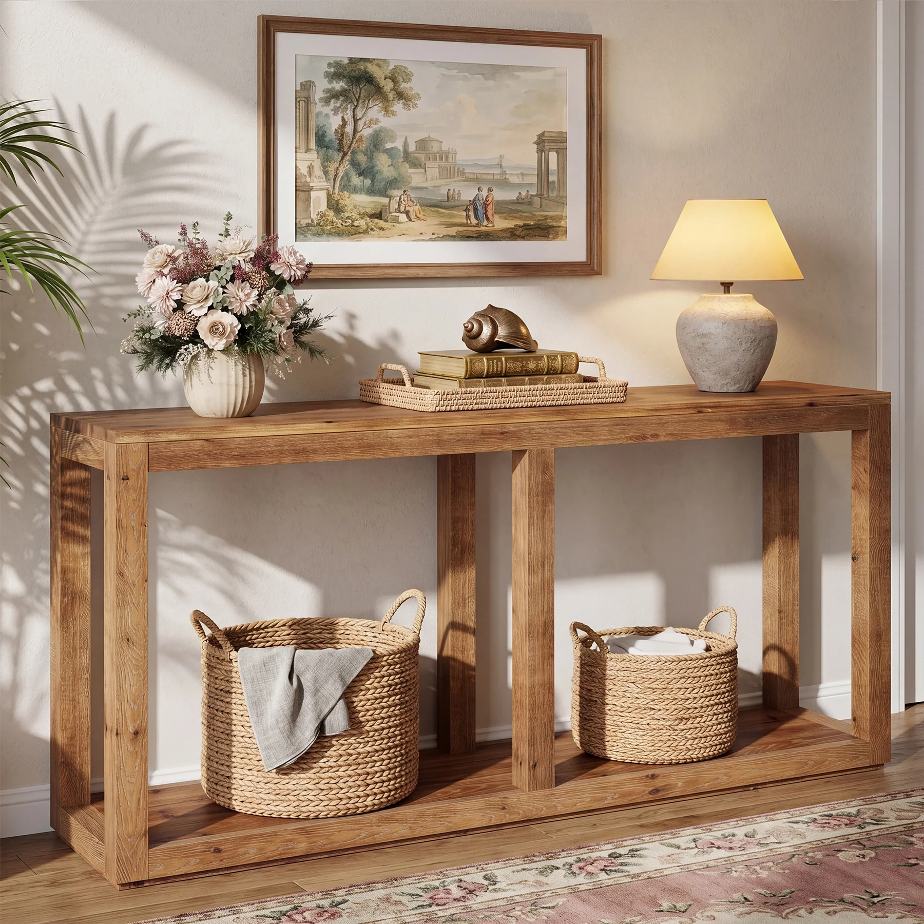70.9" Solid Wood Console Table, 2-Tier Farmhouse Entryway Sofa Table Behind Couch