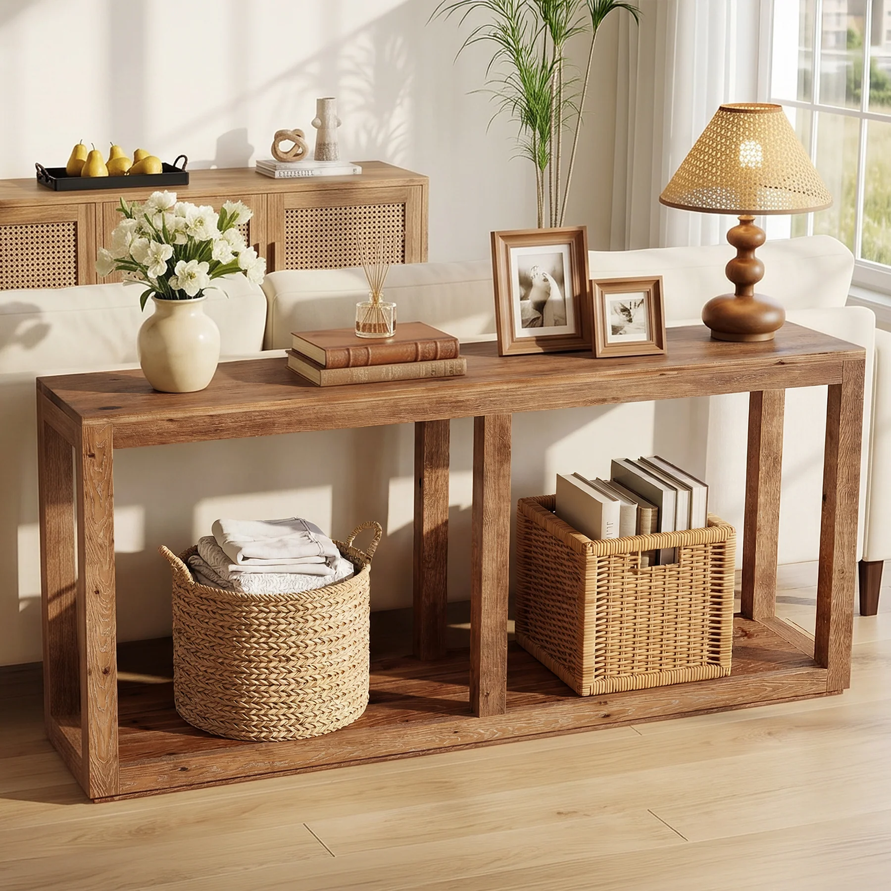 70.9" Solid Wood Console Table, 2-Tier Farmhouse Entryway Sofa Table Behind Couch - Image 4