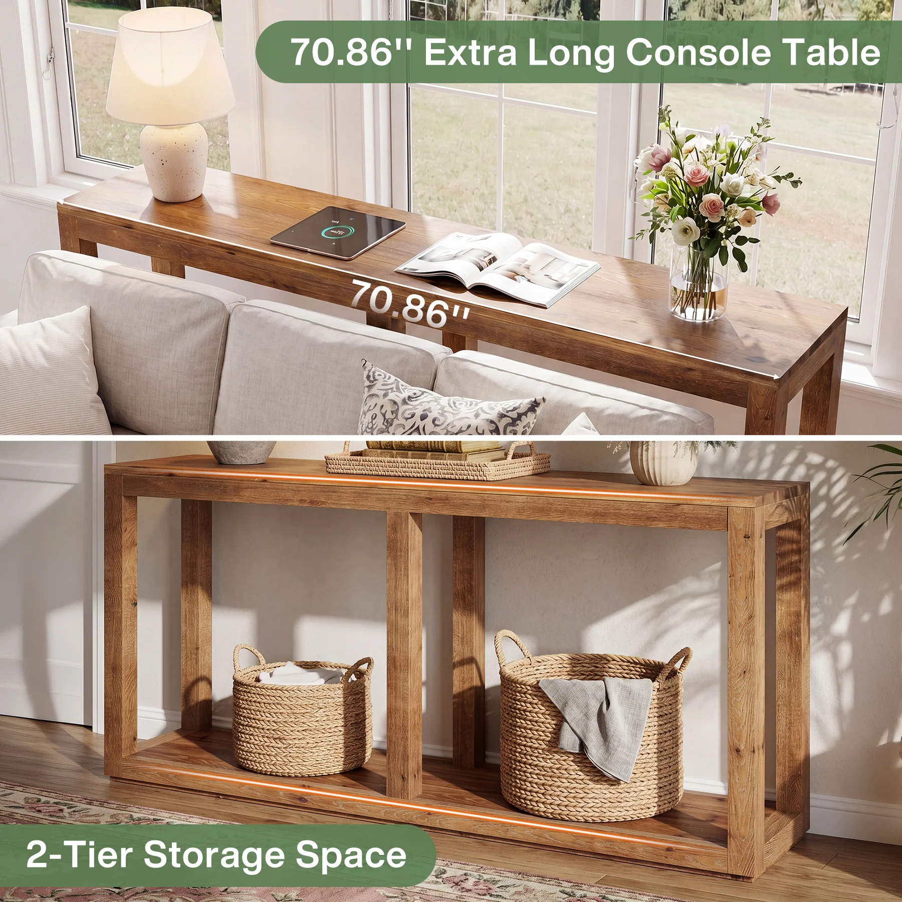 70.9" Solid Wood Console Table, 2-Tier Farmhouse Entryway Sofa Table Behind Couch - Image 7