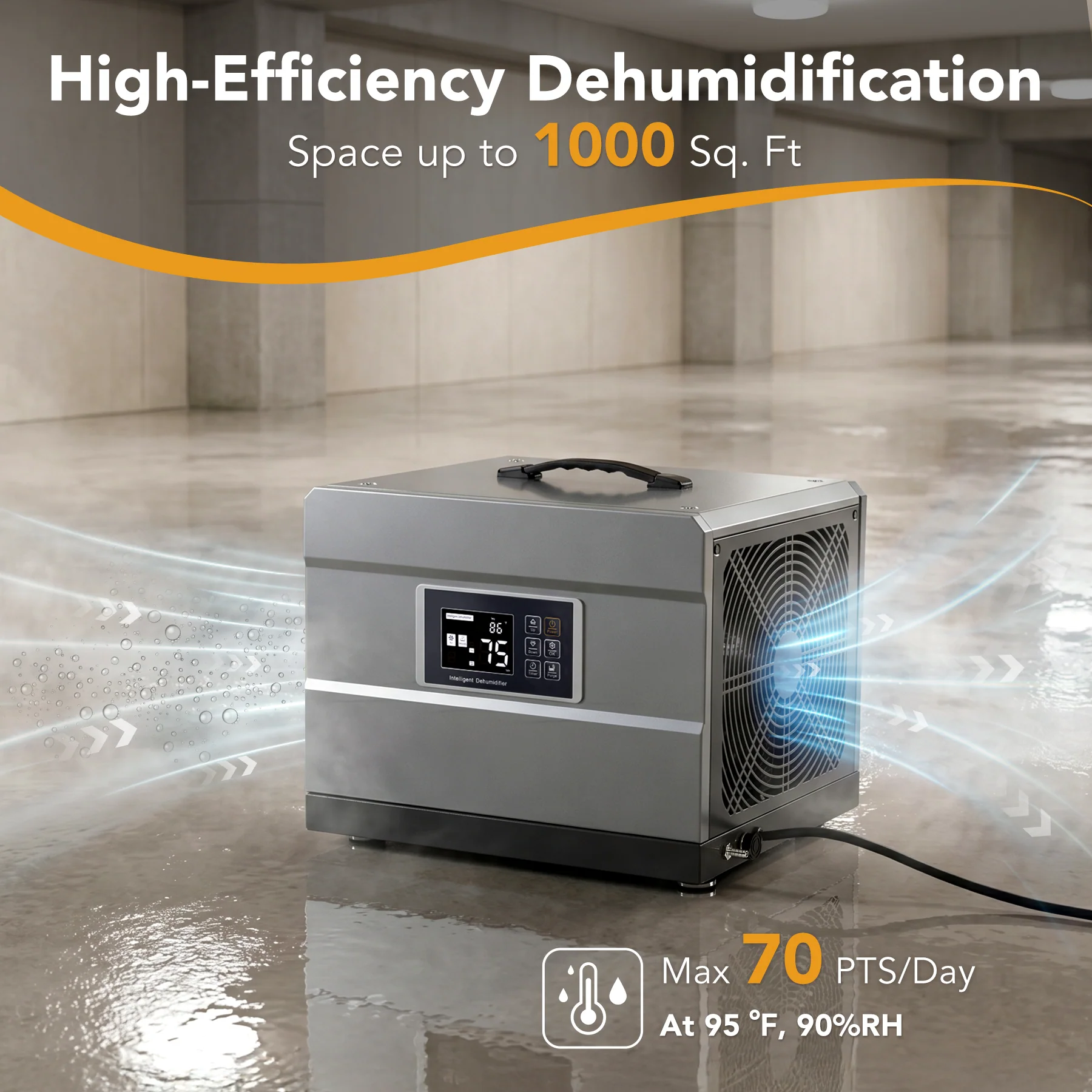 70 Pints Commercial Dehumidifier with Pump & Drain Hose for 1000 Sq. Ft, Auto Defrost, Washable Filter - Image 4