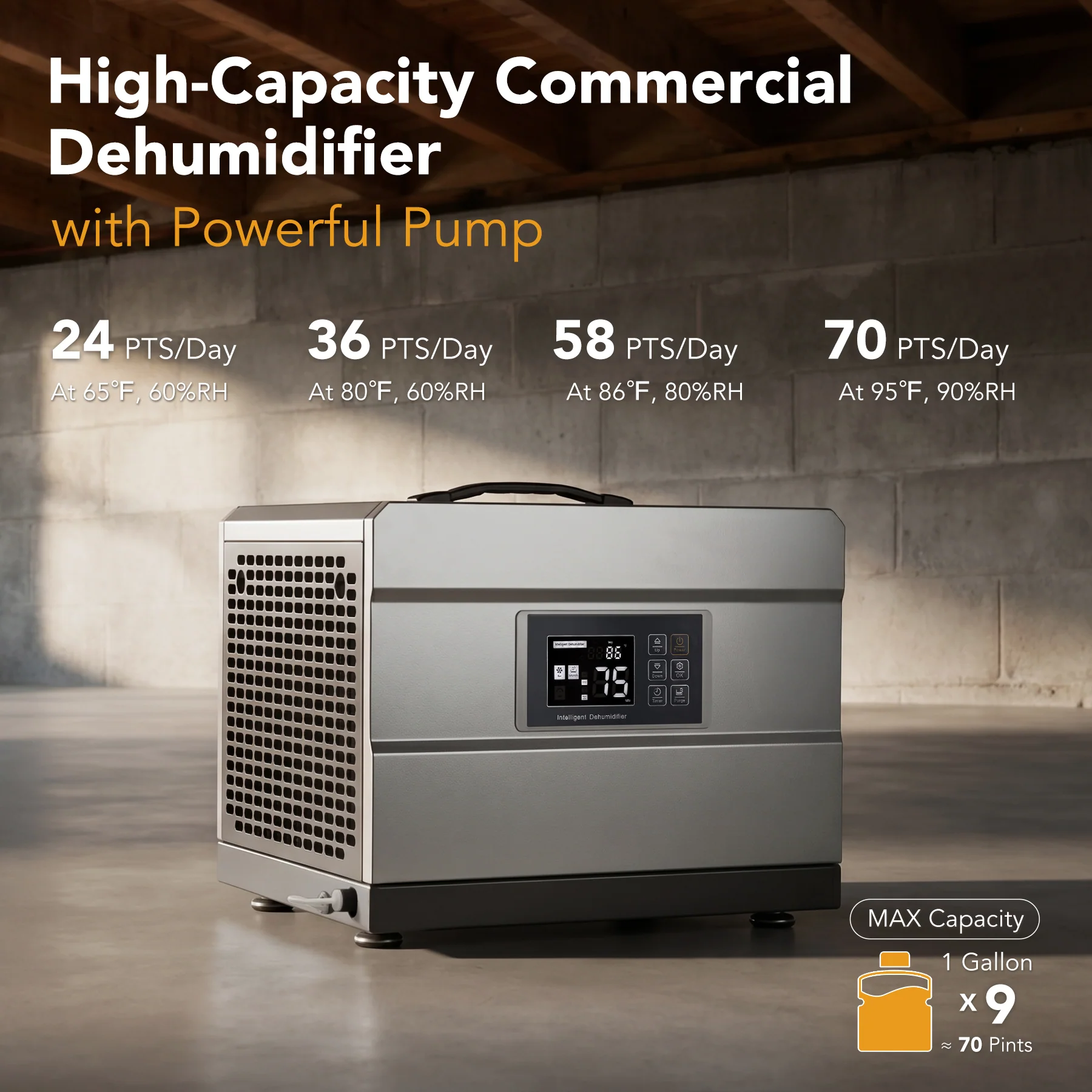 70 Pints Commercial Dehumidifier with Pump & Drain Hose for 1000 Sq. Ft, Auto Defrost, Washable Filter - Image 6