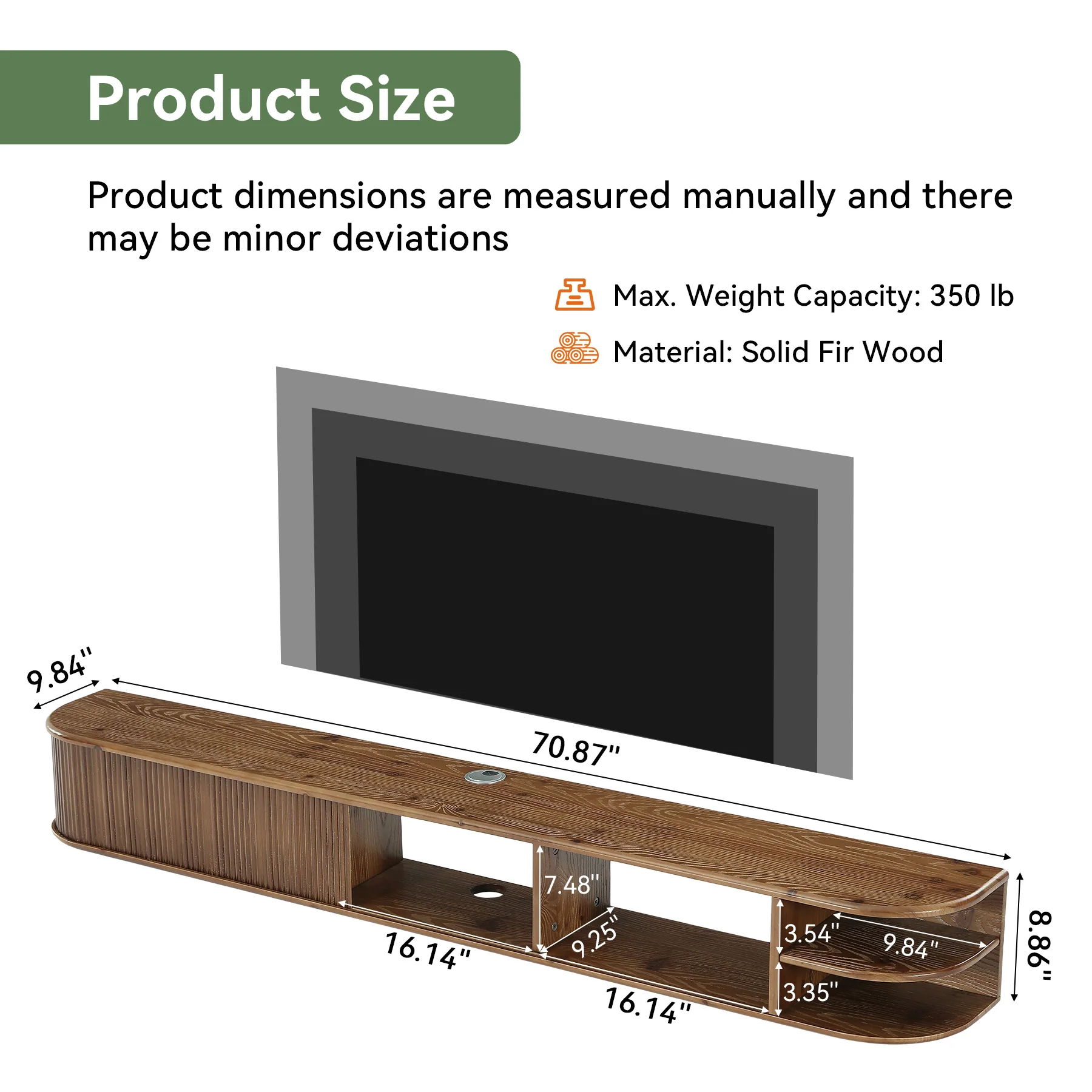71" Floating TV Stand with Fluted Doors, Solid Wood Media Console with Cable Management for 50-90" TVs - Image 2