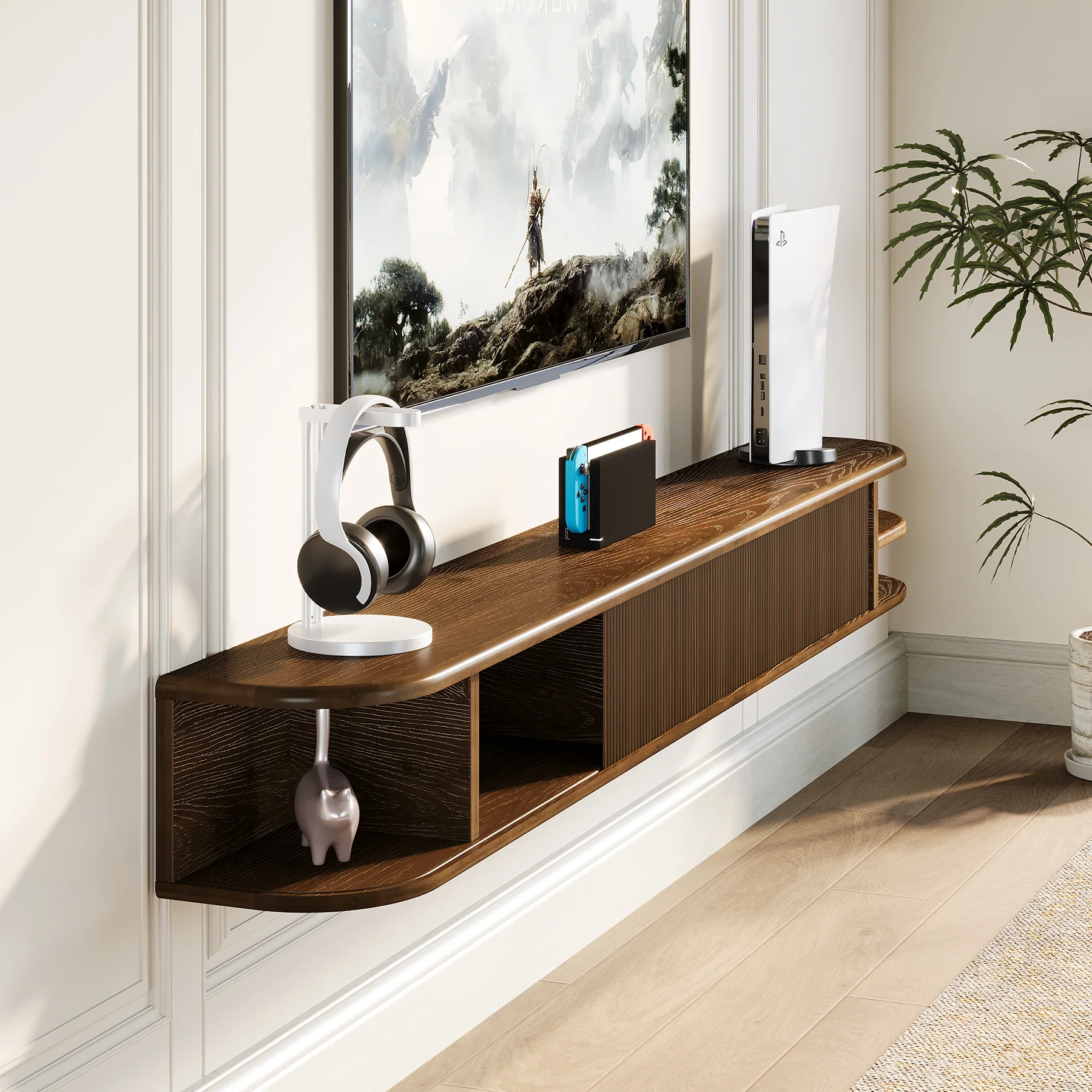 71" Floating TV Stand with Fluted Doors, Solid Wood Media Console with Cable Management for 50-90" TVs - Image 3