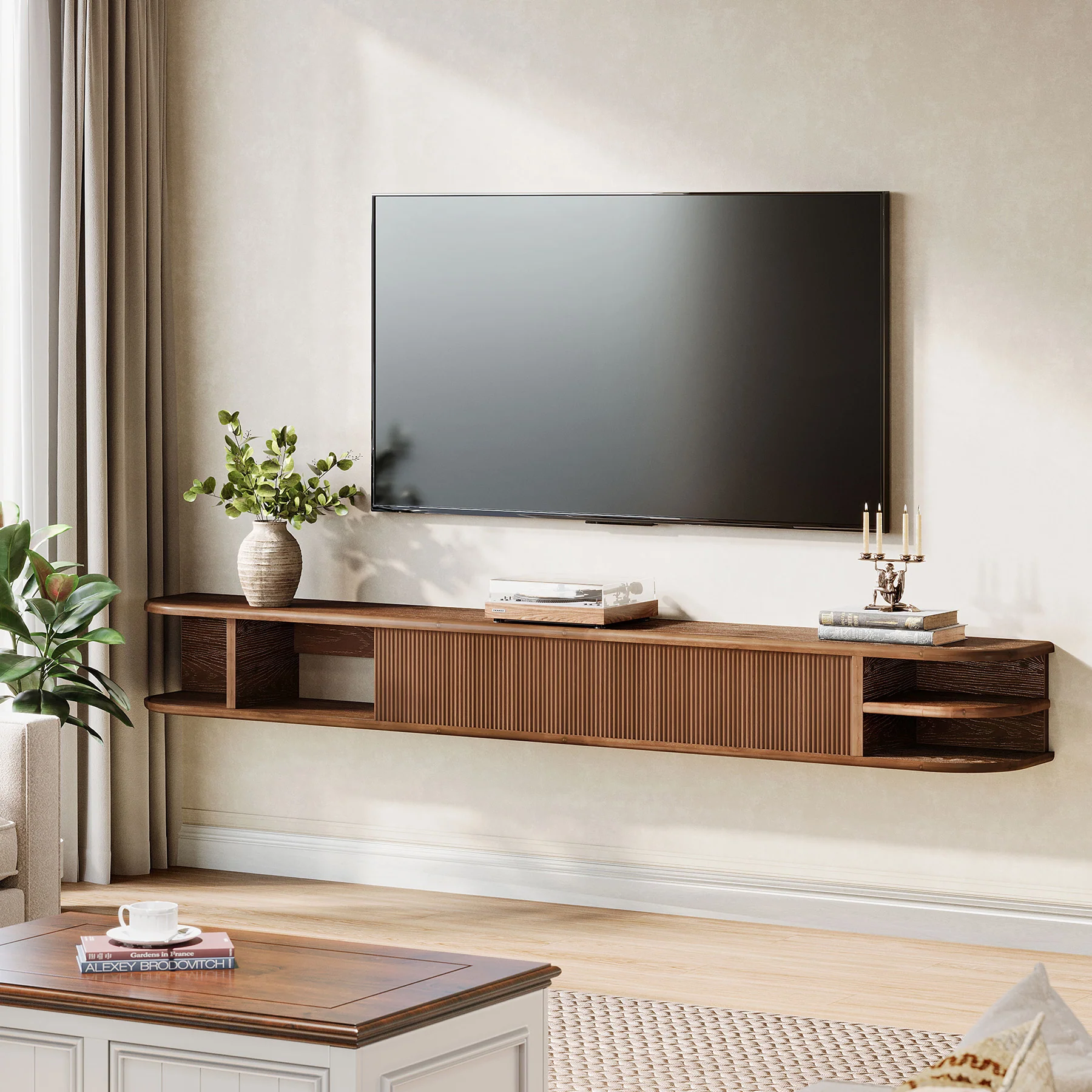 71" Floating TV Stand with Fluted Doors, Solid Wood Media Console with Cable Management for 50-90" TVs - Image 4
