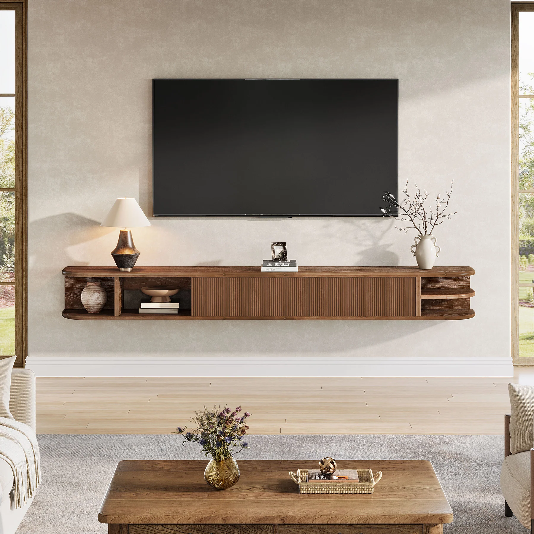 71" Floating TV Stand with Fluted Doors, Solid Wood Media Console with Cable Management for 50-90" TVs - Image 5