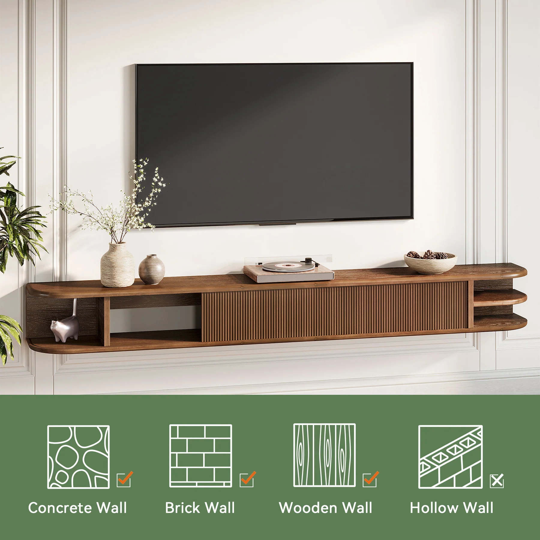 71" Floating TV Stand with Fluted Doors, Solid Wood Media Console with Cable Management for 50-90" TVs - Image 6