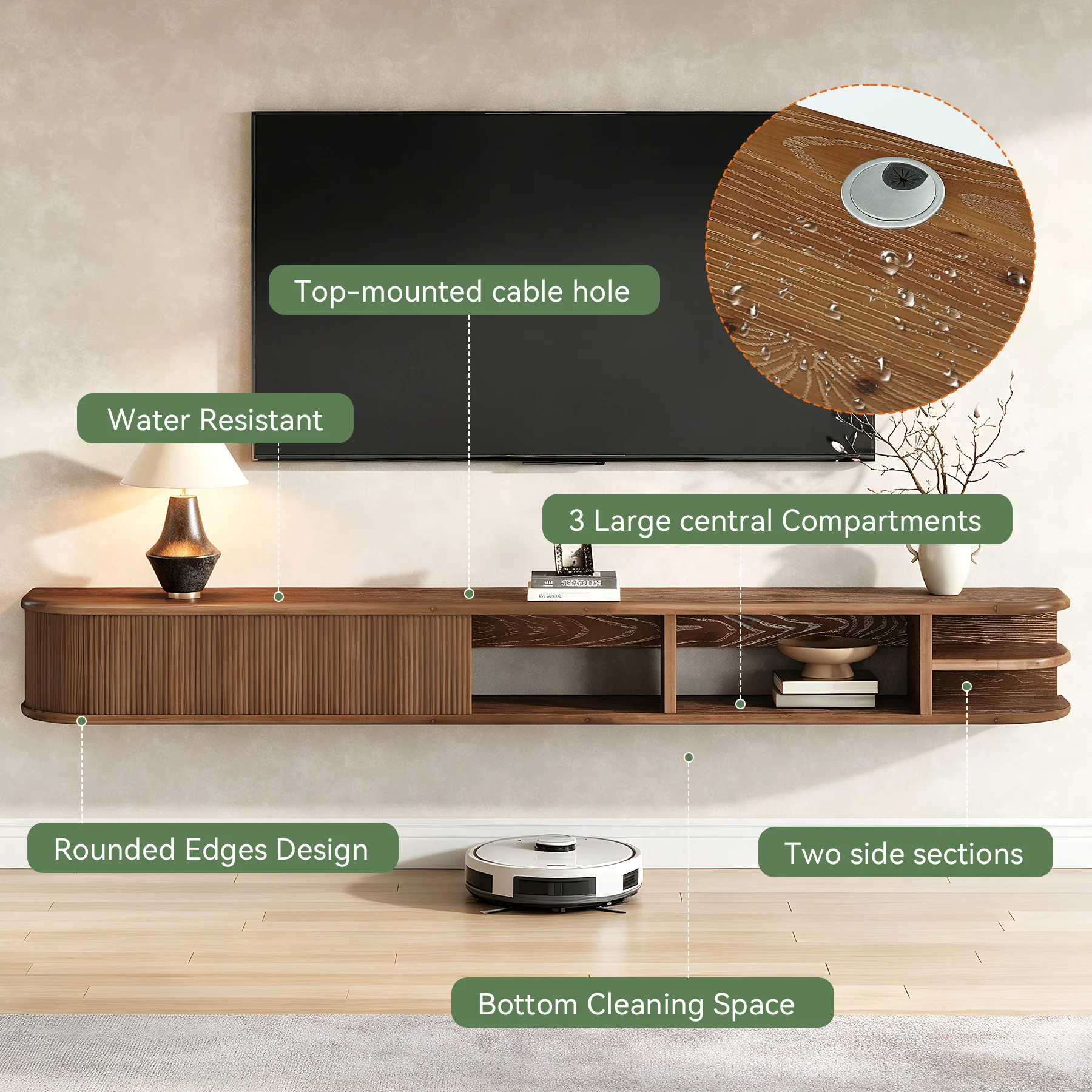 71" Floating TV Stand with Fluted Doors, Solid Wood Media Console with Cable Management for 50-90" TVs - Image 7