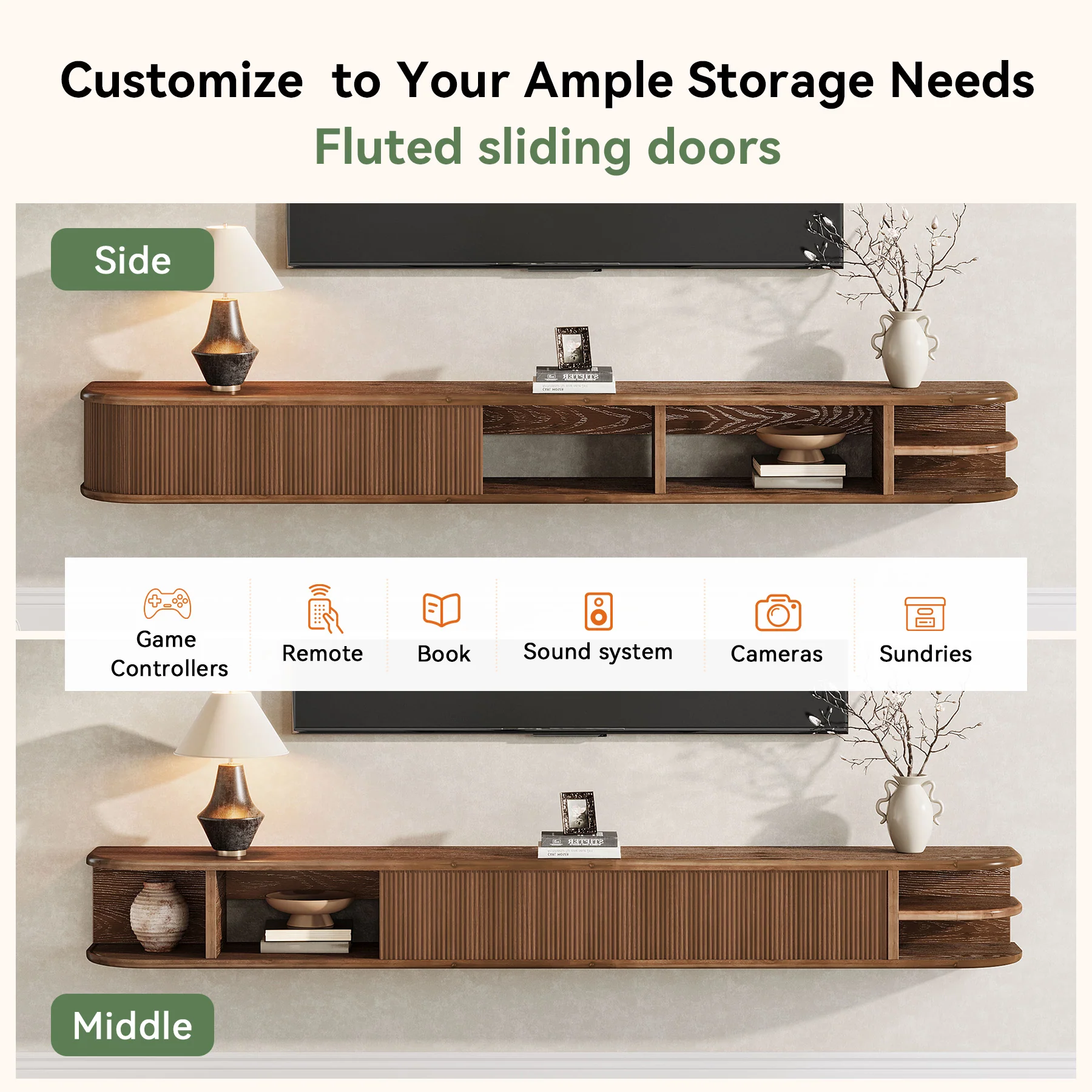 71" Floating TV Stand with Fluted Doors, Solid Wood Media Console with Cable Management for 50-90" TVs - Image 8