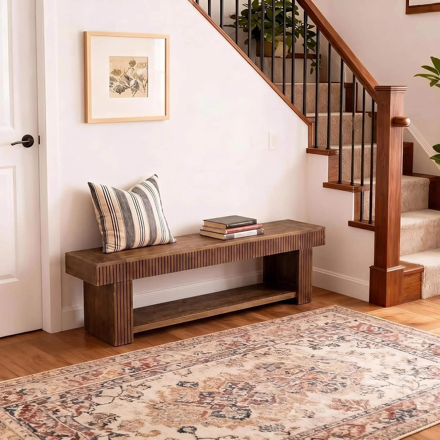 71 Inch Fluted Entryway Bench, Solid Wood Shoe Bench with Storage Shelf for Hallway - Image 3