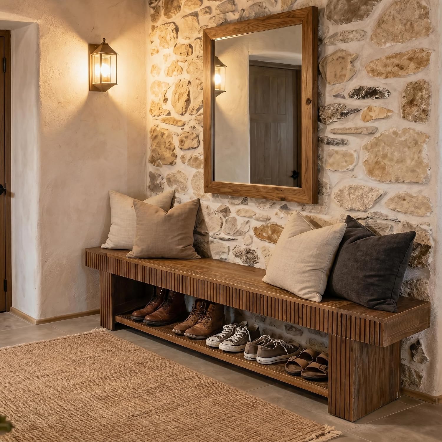71 Inch Fluted Entryway Bench, Solid Wood Shoe Bench with Storage Shelf for Hallway - Image 4