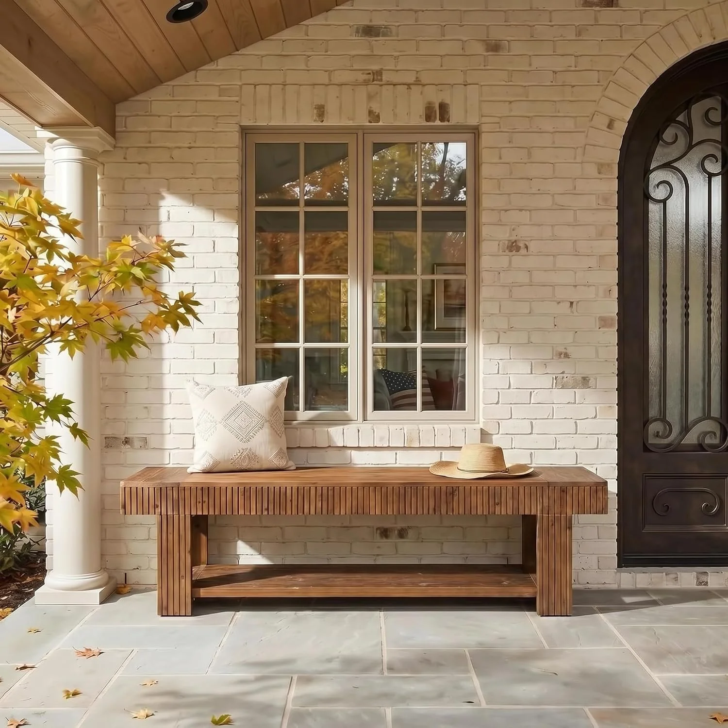 71 Inch Fluted Entryway Bench, Solid Wood Shoe Bench with Storage Shelf for Hallway - Image 5