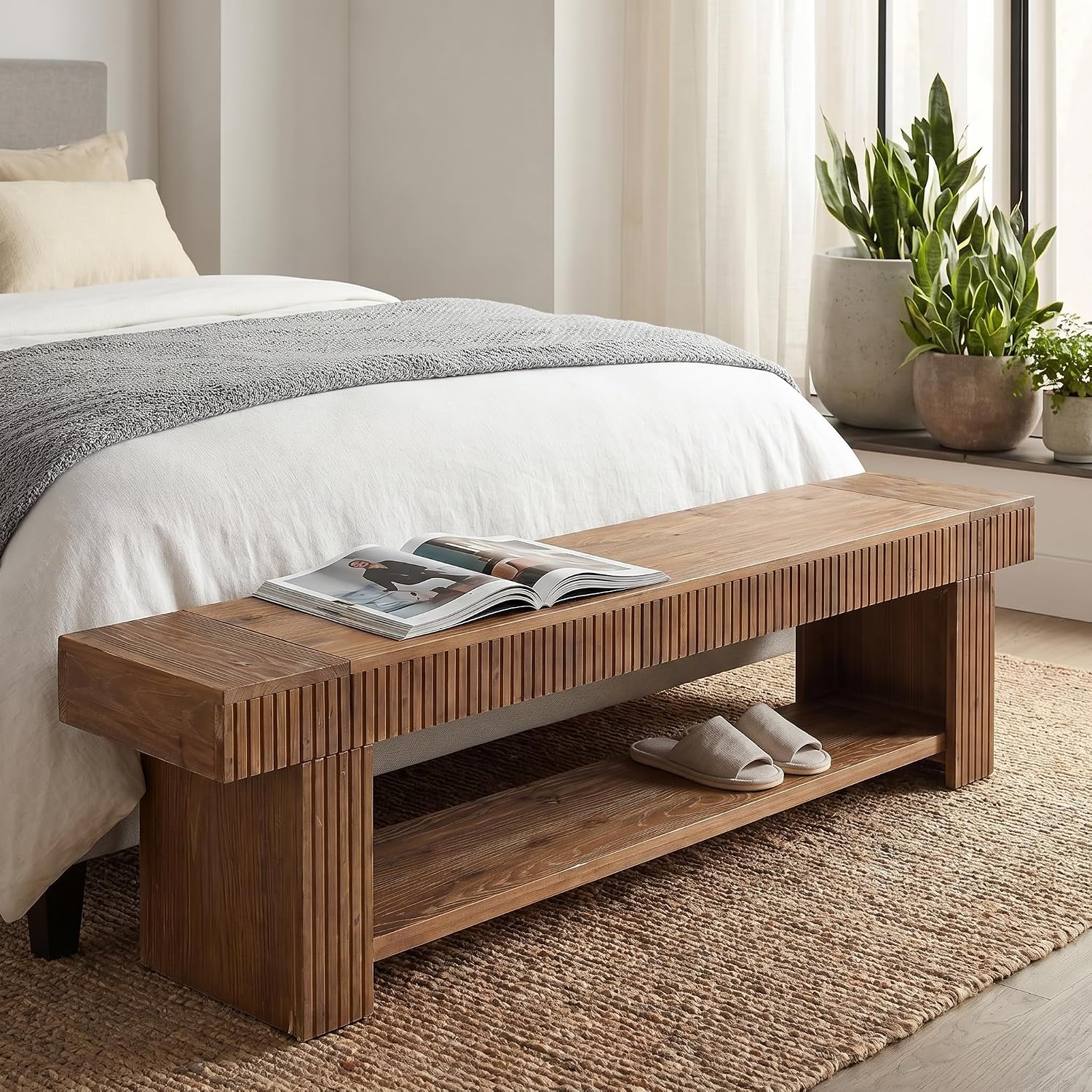 71 Inch Fluted Entryway Bench, Solid Wood Shoe Bench with Storage Shelf for Hallway - Image 7