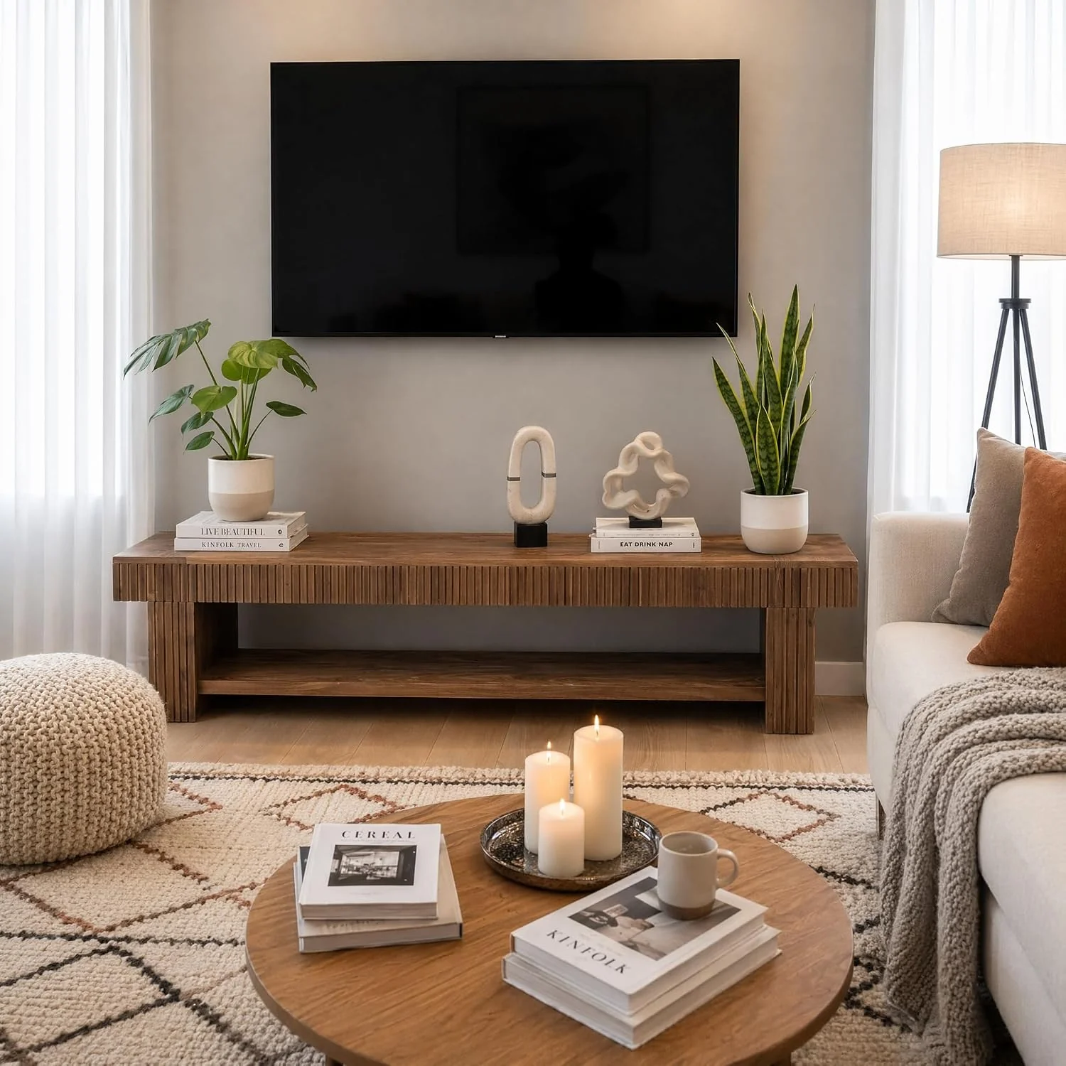 71 Inch Fluted Solid Wood TV Stand, Rustic Farmhouse Media Console with Open Storage for Living Room - Image 3