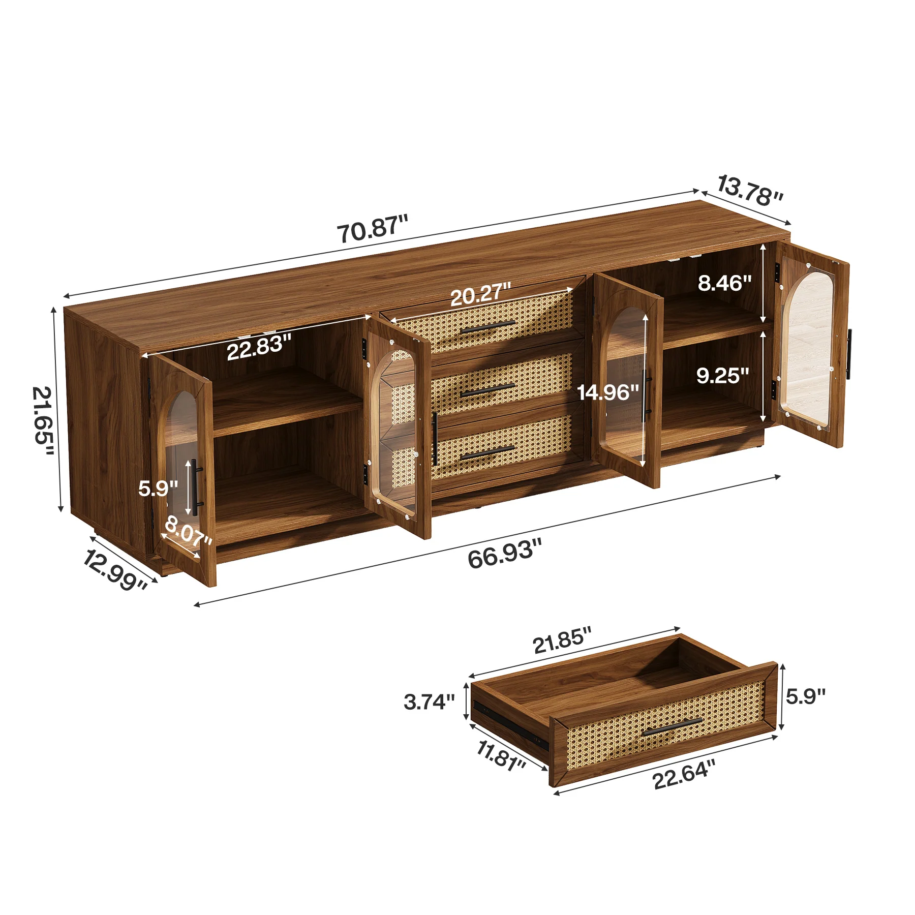 71" Mid-Century Modern TV Stand, Media Console Table with 2 Cabinets & 3 Rattan Drawers - Image 2