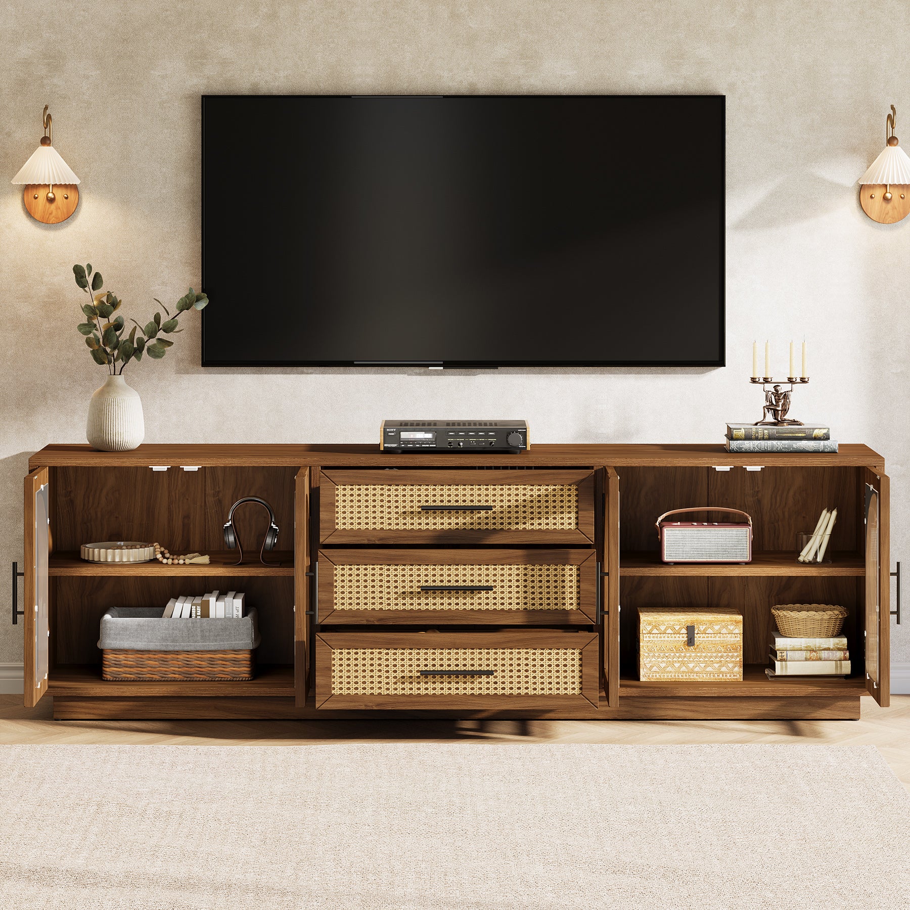 71" Mid-Century Modern TV Stand, Media Console Table with 2 Cabinets & 3 Rattan Drawers - Image 3