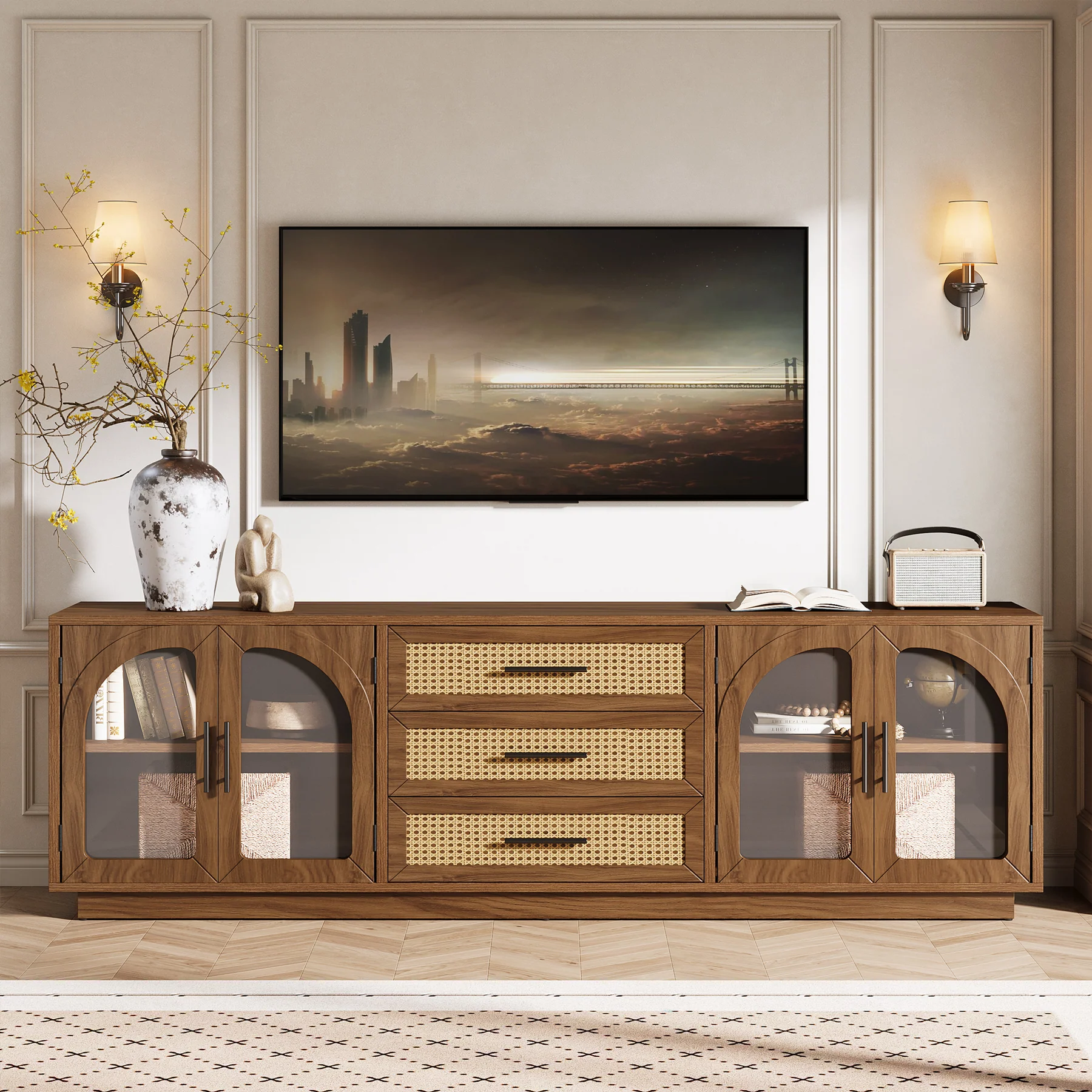 71" Mid-Century Modern TV Stand, Media Console Table with 2 Cabinets & 3 Rattan Drawers - Image 4