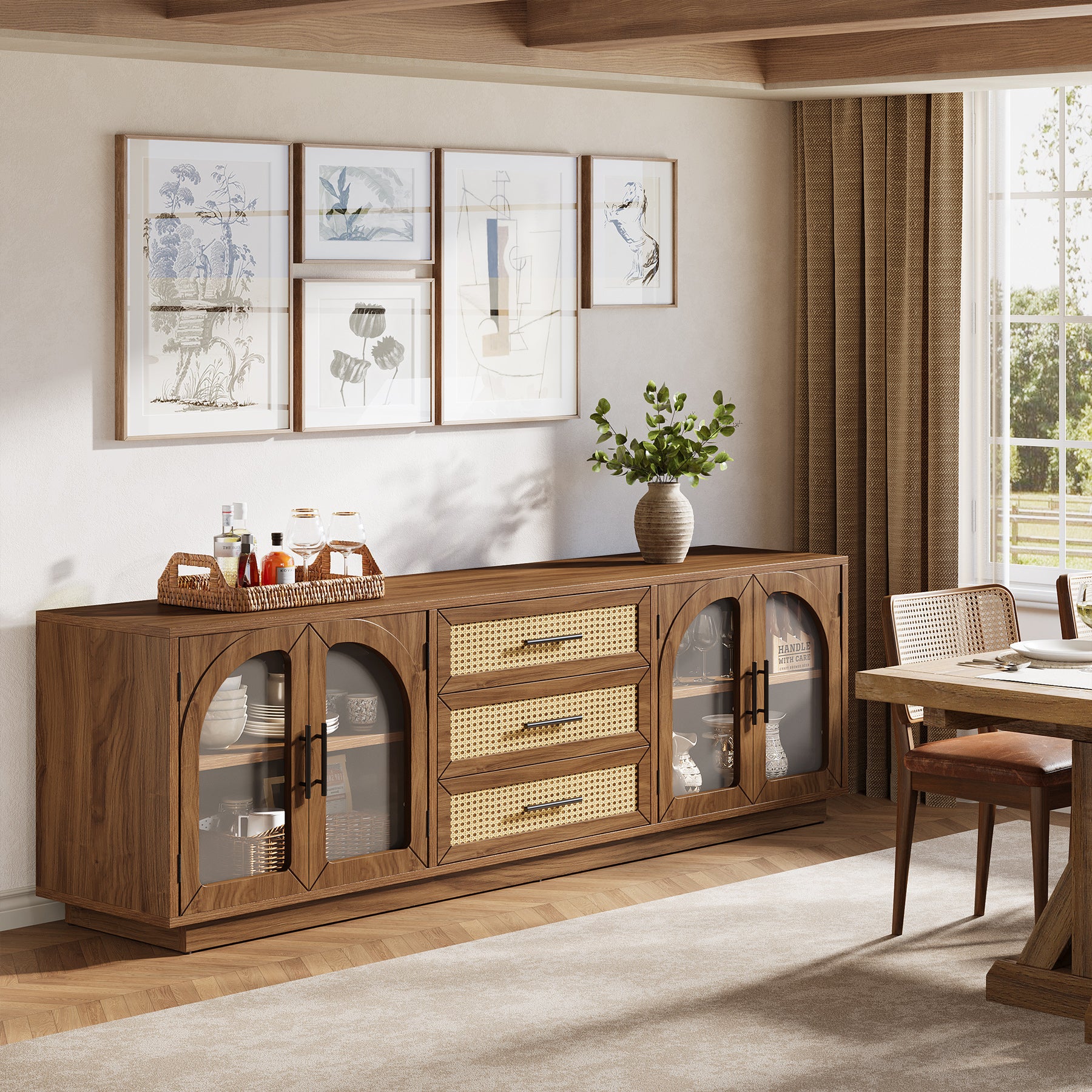 71" Mid-Century Modern TV Stand, Media Console Table with 2 Cabinets & 3 Rattan Drawers - Image 5