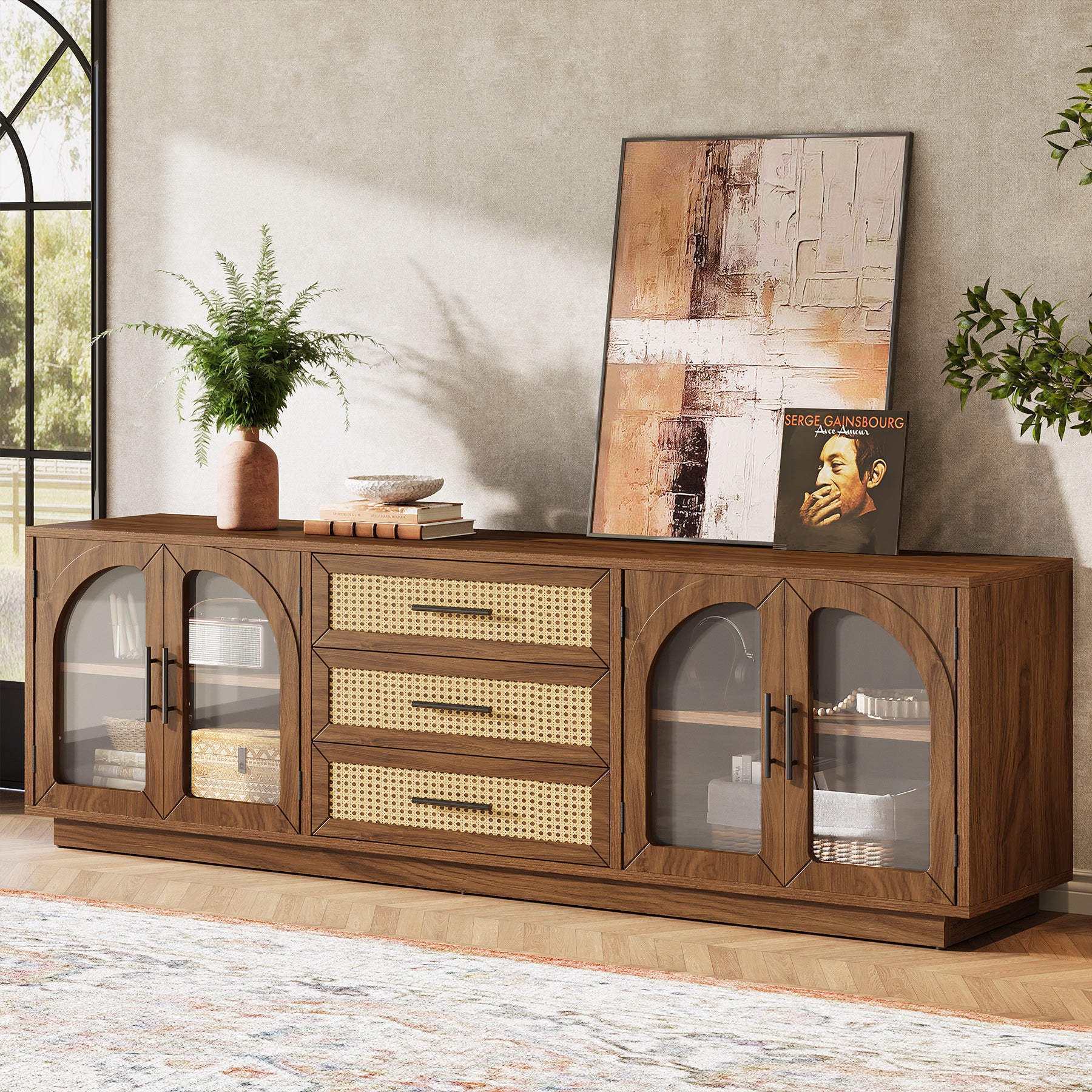 71" Mid-Century Modern TV Stand, Media Console Table with 2 Cabinets & 3 Rattan Drawers - Image 6