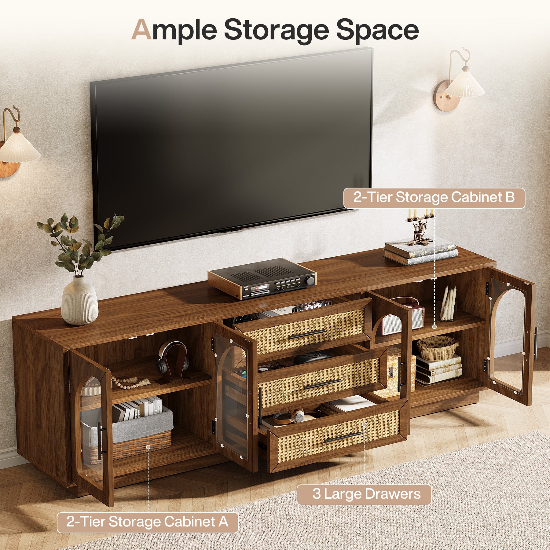 71" Mid-Century Modern TV Stand, Media Console Table with 2 Cabinets & 3 Rattan Drawers - Image 7