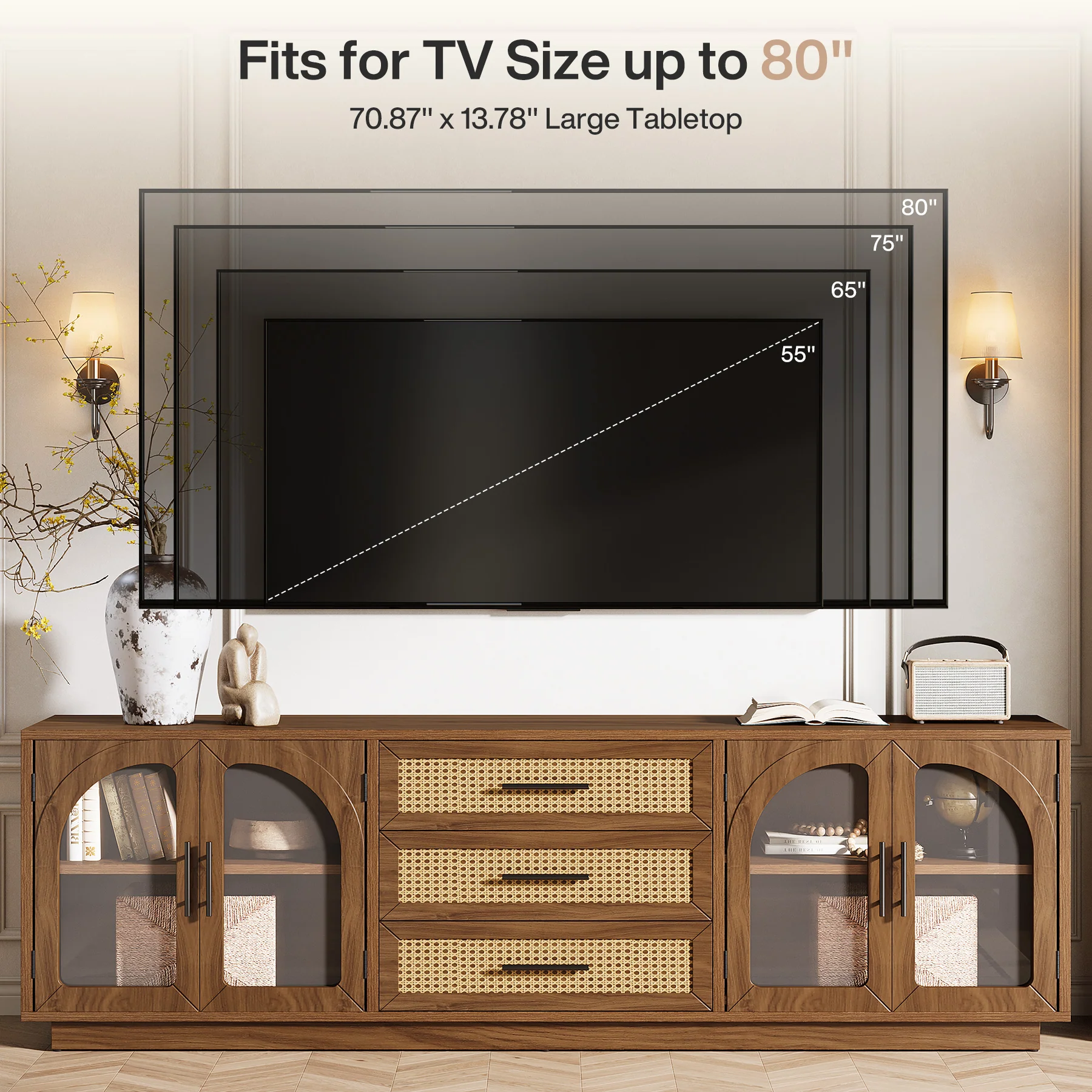 71" Mid-Century Modern TV Stand, Media Console Table with 2 Cabinets & 3 Rattan Drawers - Image 8