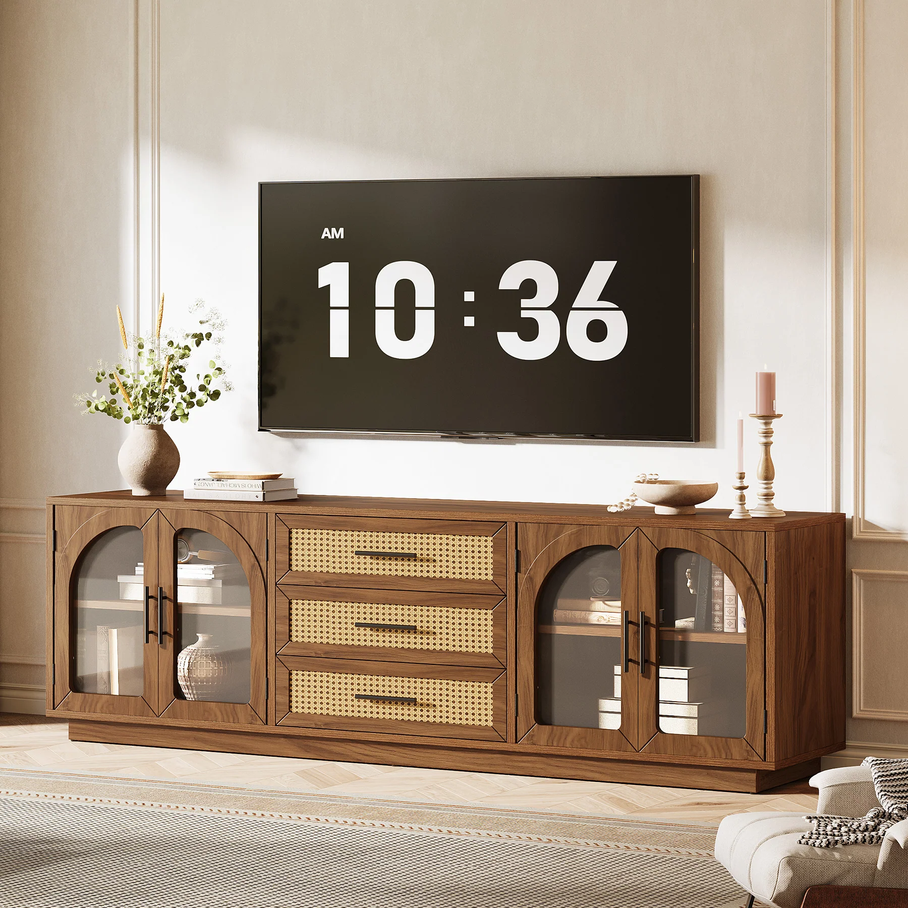71" Mid-Century Modern TV Stand, Media Console Table with 2 Cabinets & 3 Rattan Drawers - Image 9