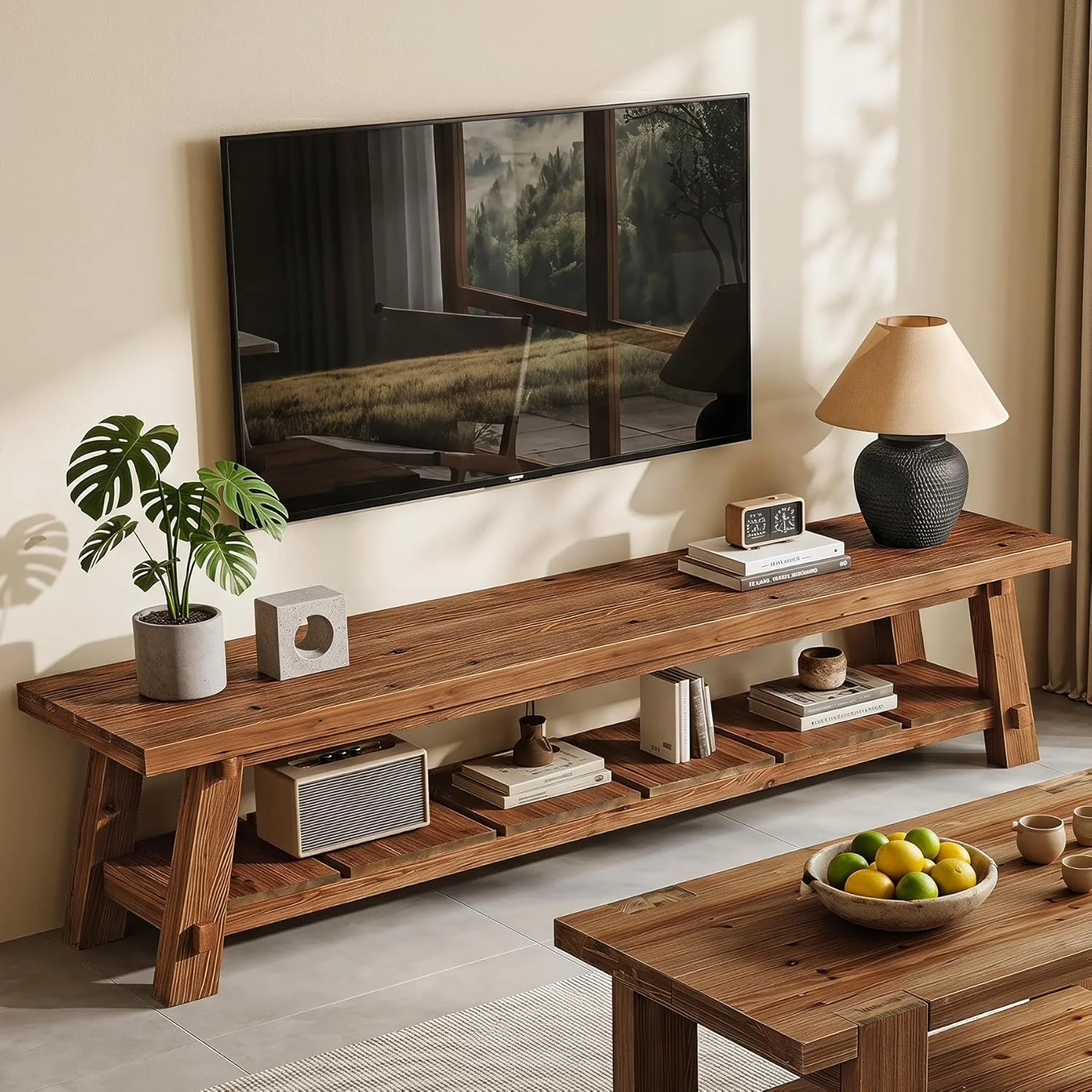 71" Extra Long TV Stand, Solid Wood Entertainment Center with Open Storage Shelves for TVs up to 85"