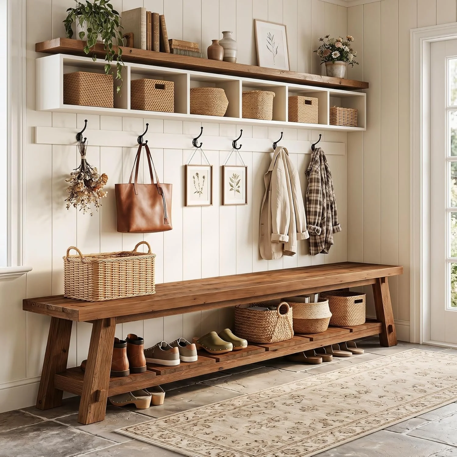 71" Solid Wood Entryway Bench, Rustic Extra Long Hallway Seating with Shoe Storage for Living Room and Bedroom - Image 4