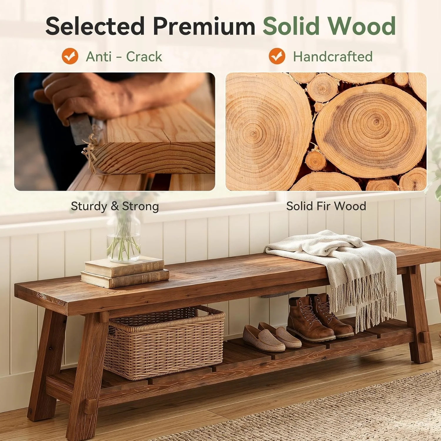 71" Solid Wood Entryway Bench, Rustic Extra Long Hallway Seating with Shoe Storage for Living Room and Bedroom - Image 6