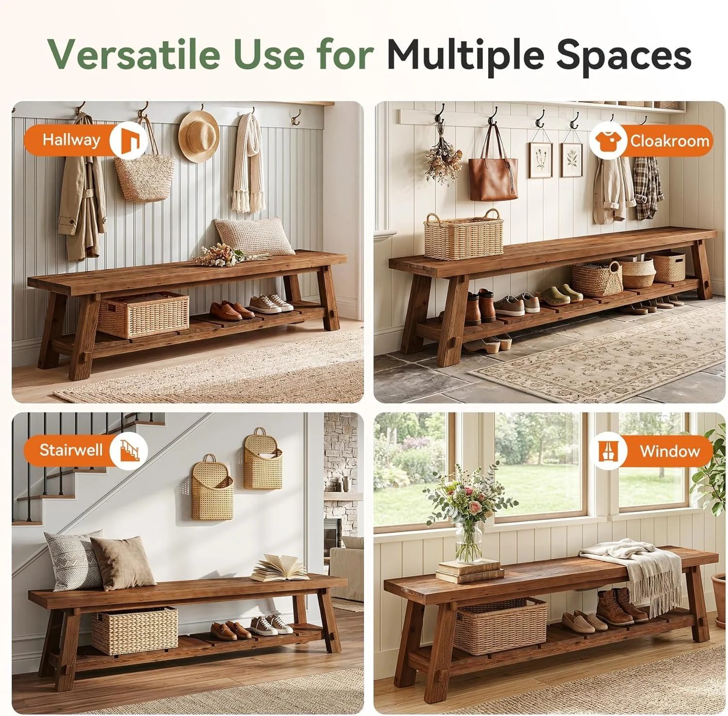 71" Solid Wood Entryway Bench, Rustic Extra Long Hallway Seating with Shoe Storage for Living Room and Bedroom - Image 8