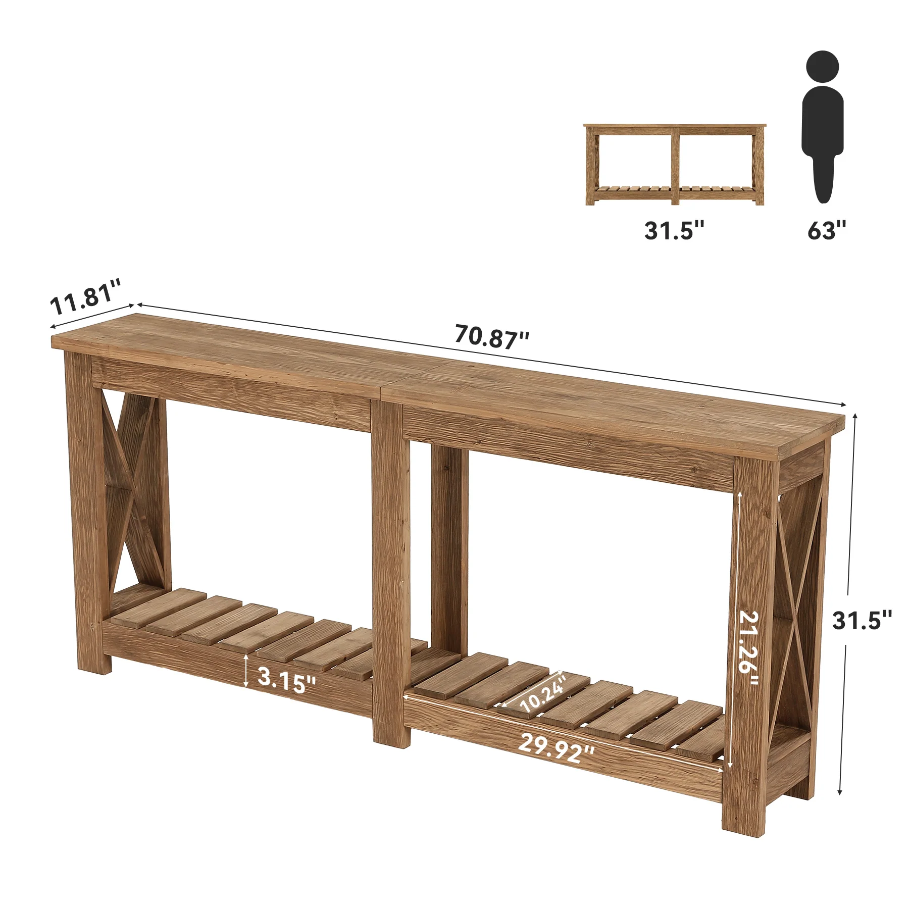 71" Solid Wood Farmhouse Console Table with Storage Shelves, Extra Long Sofa Table for Entryway & Hallway - Image 2