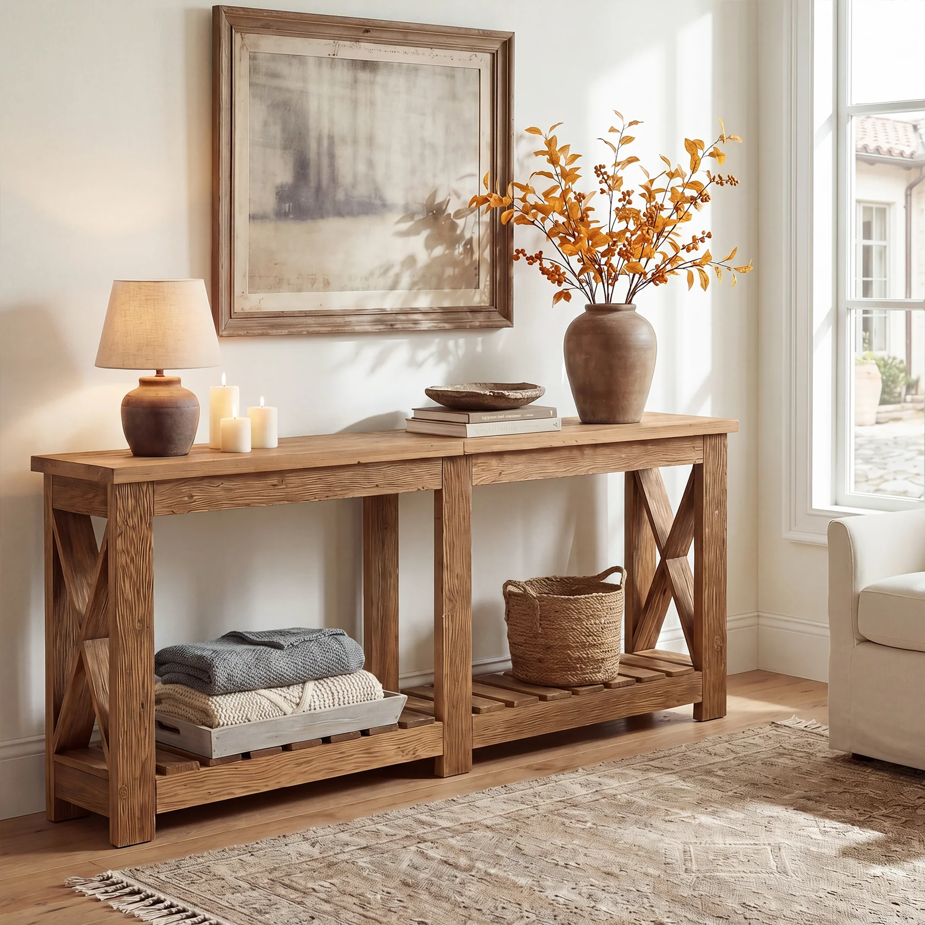 71" Solid Wood Farmhouse Console Table with Storage Shelves, Extra Long Sofa Table for Entryway & Hallway - Image 3