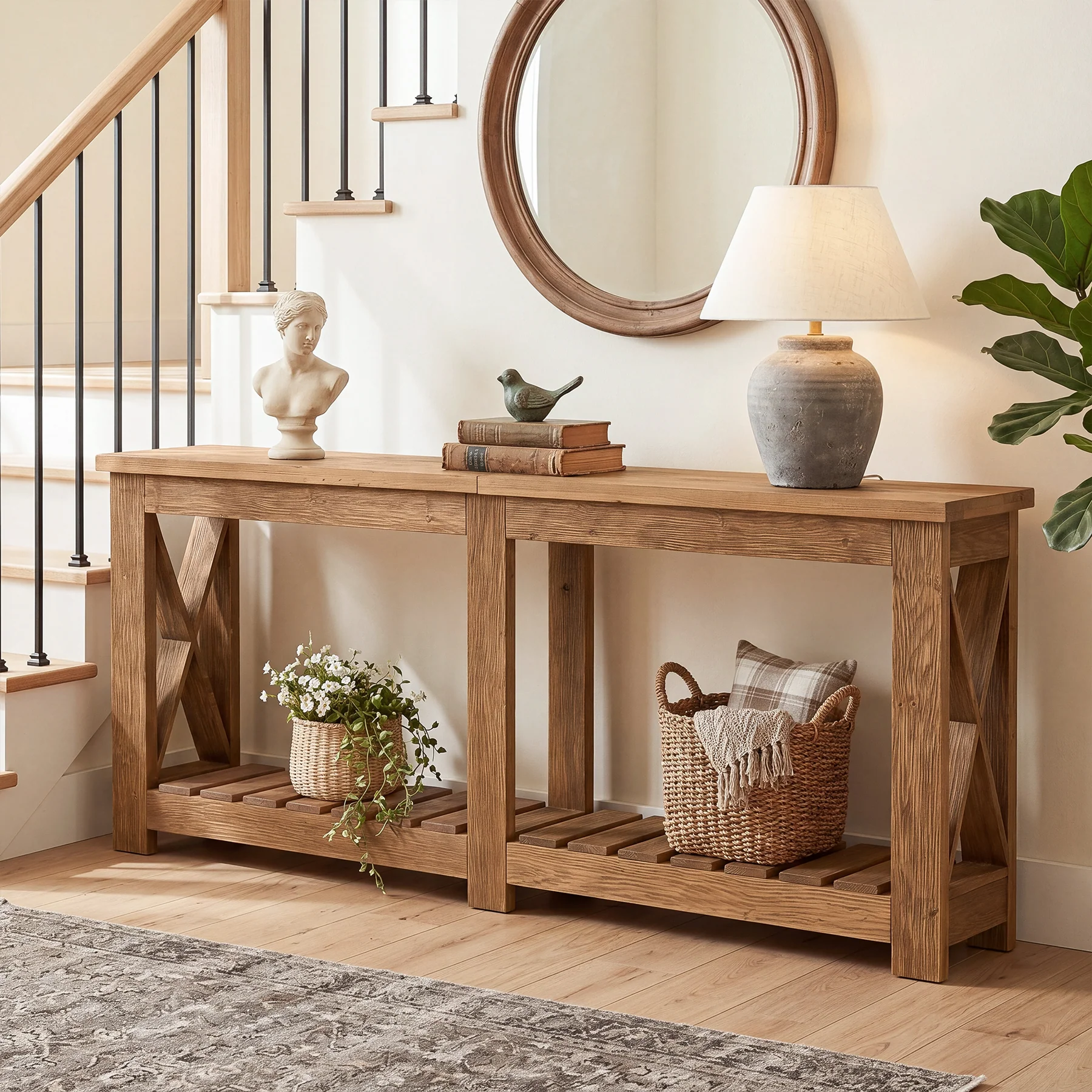 71" Solid Wood Farmhouse Console Table with Storage Shelves, Extra Long Sofa Table for Entryway & Hallway - Image 4
