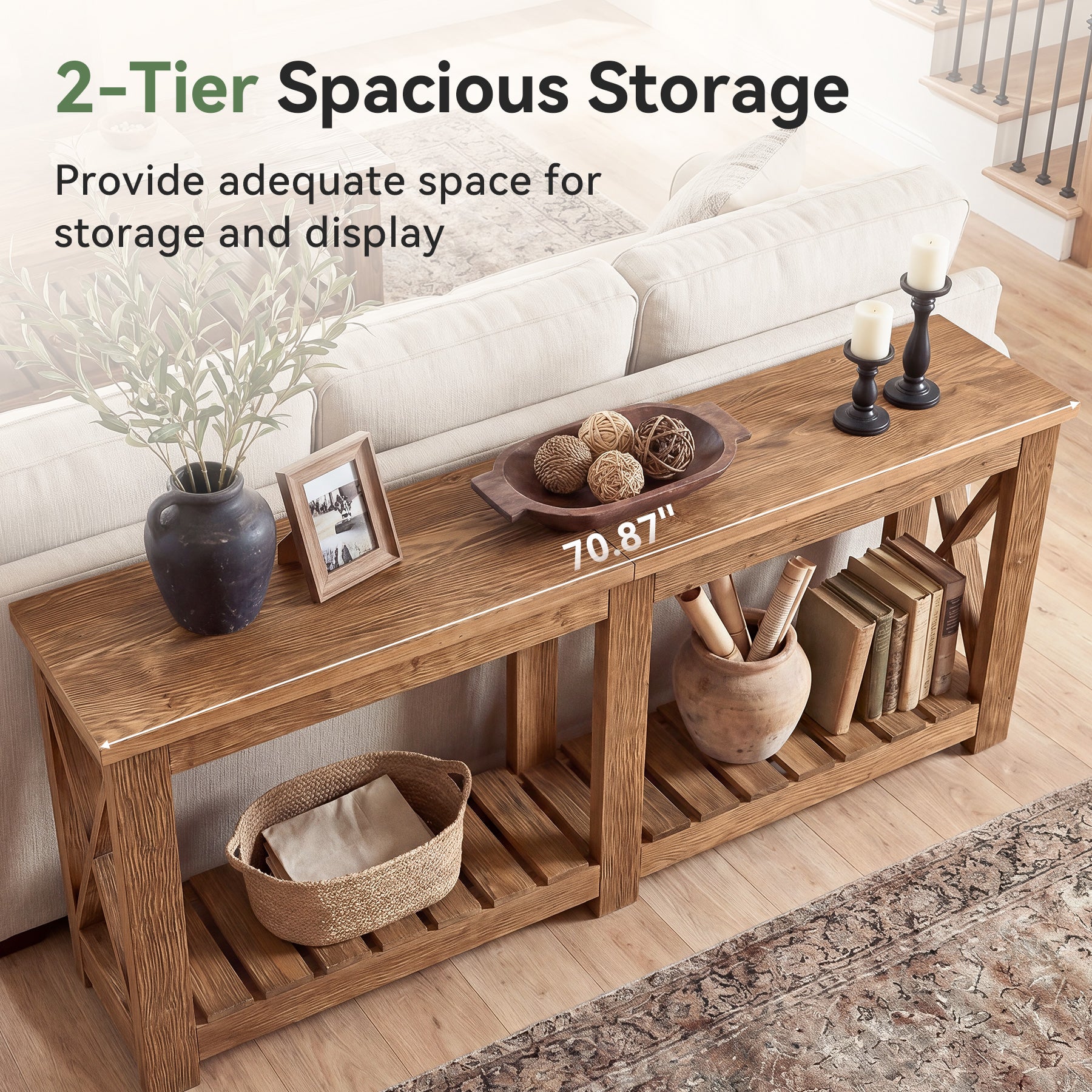 71" Solid Wood Farmhouse Console Table with Storage Shelves, Extra Long Sofa Table for Entryway & Hallway - Image 6