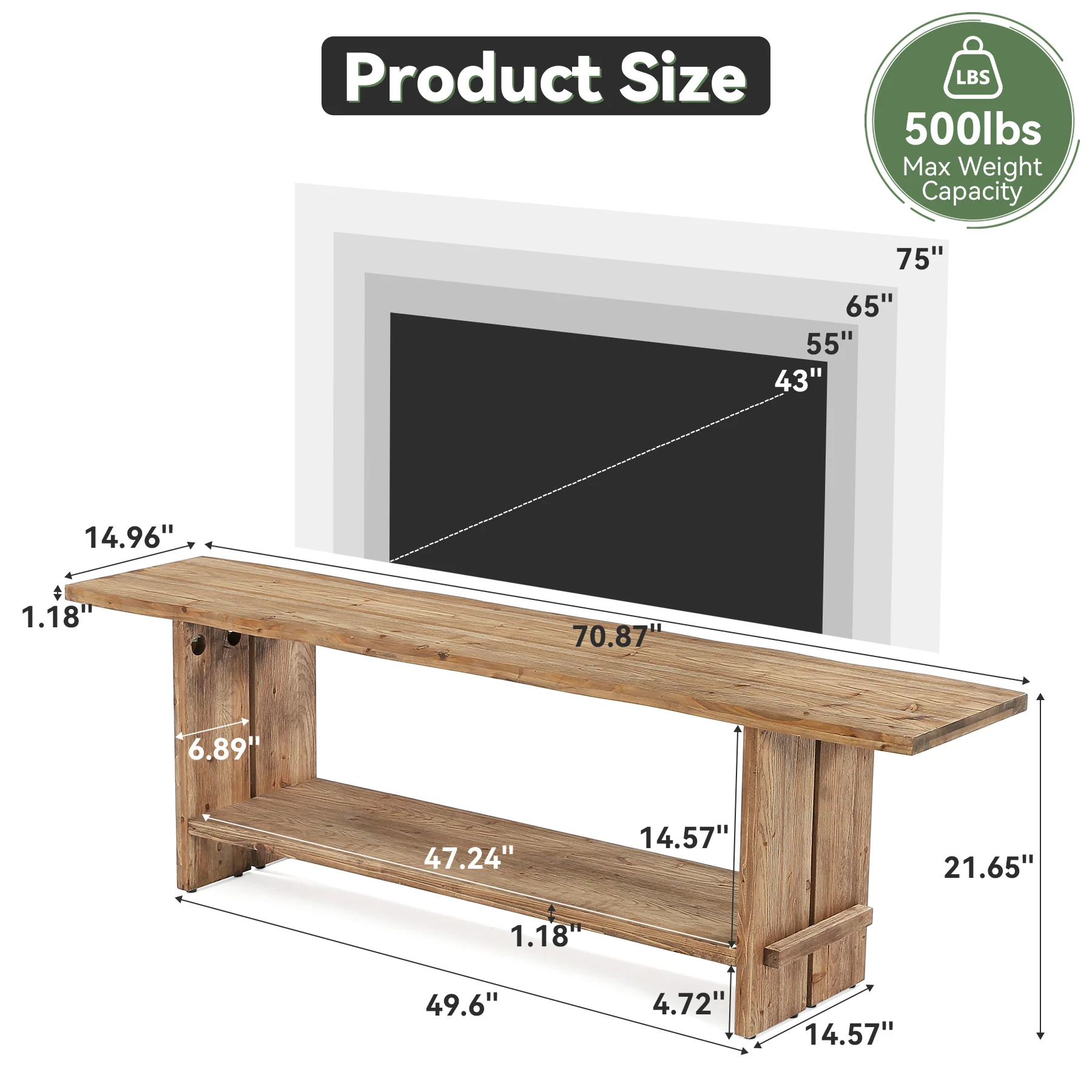 71" Solid Wood TV Stand for 55–85 Inch TVs, Farmhouse Media Console with Storage Shelf, Wooden Entertainment Center - Image 2