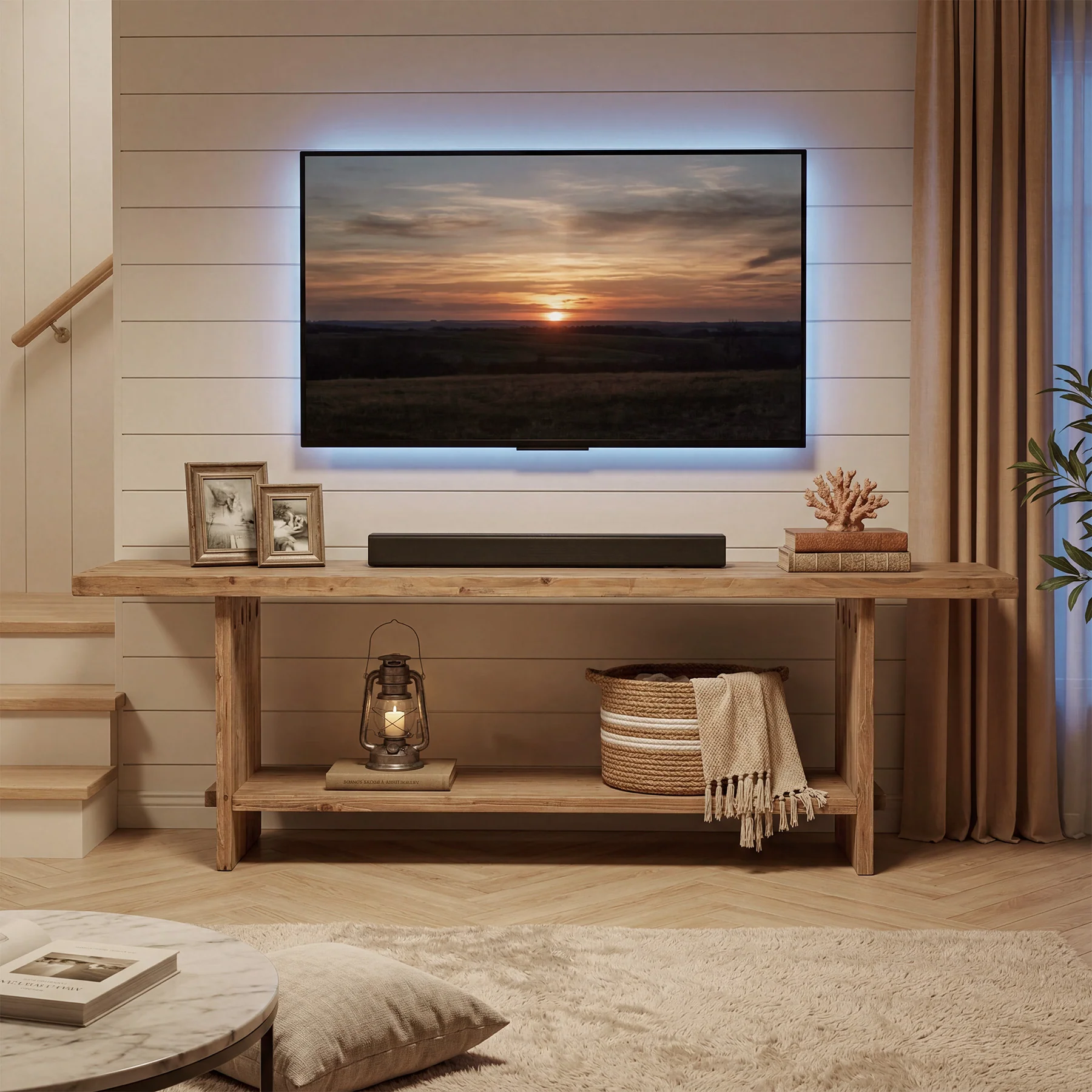 71" Solid Wood TV Stand for 55–85 Inch TVs, Farmhouse Media Console with Storage Shelf, Wooden Entertainment Center - Image 3