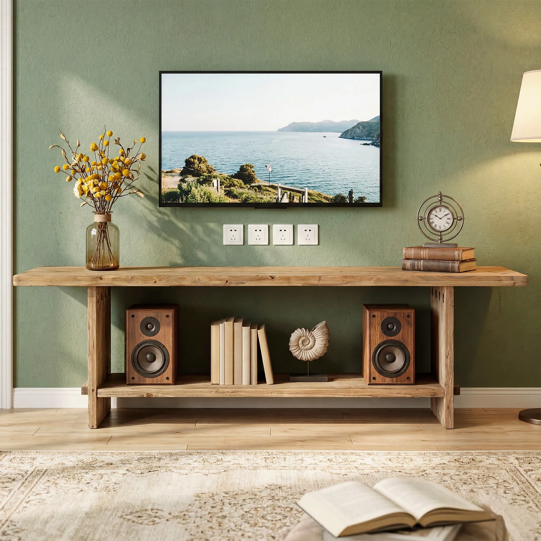 71" Solid Wood TV Stand for 55–85 Inch TVs, Farmhouse Media Console with Storage Shelf, Wooden Entertainment Center - Image 4