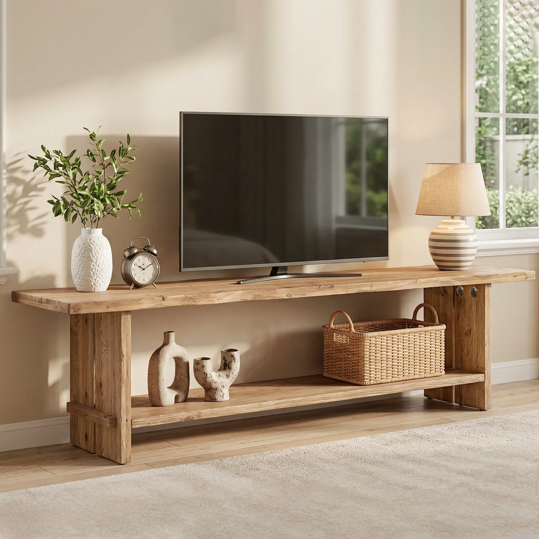 71" Solid Wood TV Stand for 55–85 Inch TVs, Farmhouse Media Console with Storage Shelf, Wooden Entertainment Center - Image 6