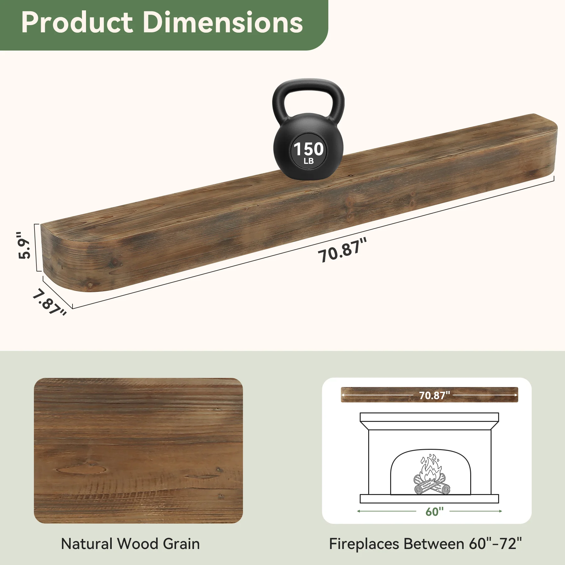 71" Fireplace Mantel, Solid Wood Floating Shelf, Wall Mounted Mantel for Over Fireplace - Image 2
